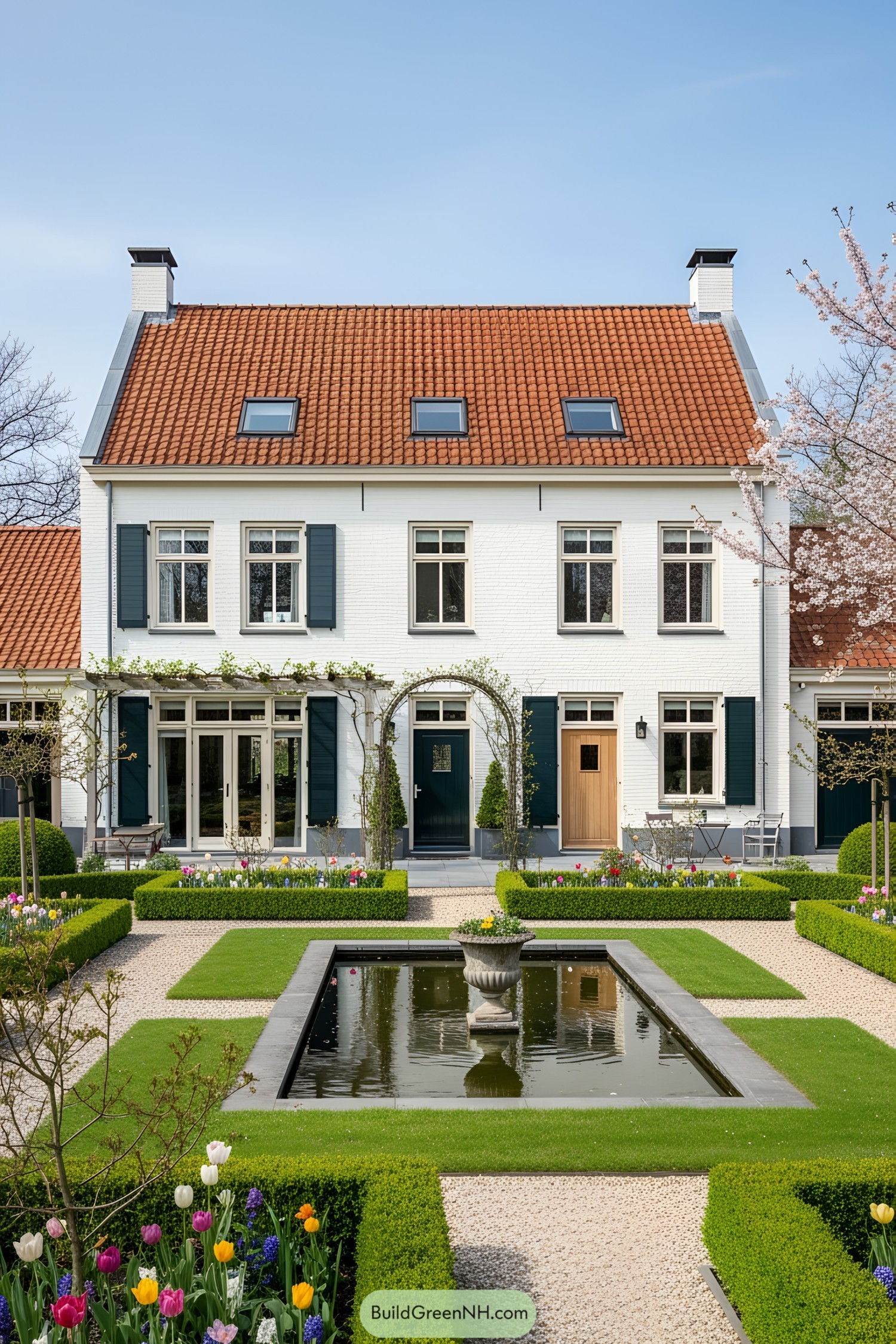 Classic Dutch farmhouse with symmetrical design and pond in garden