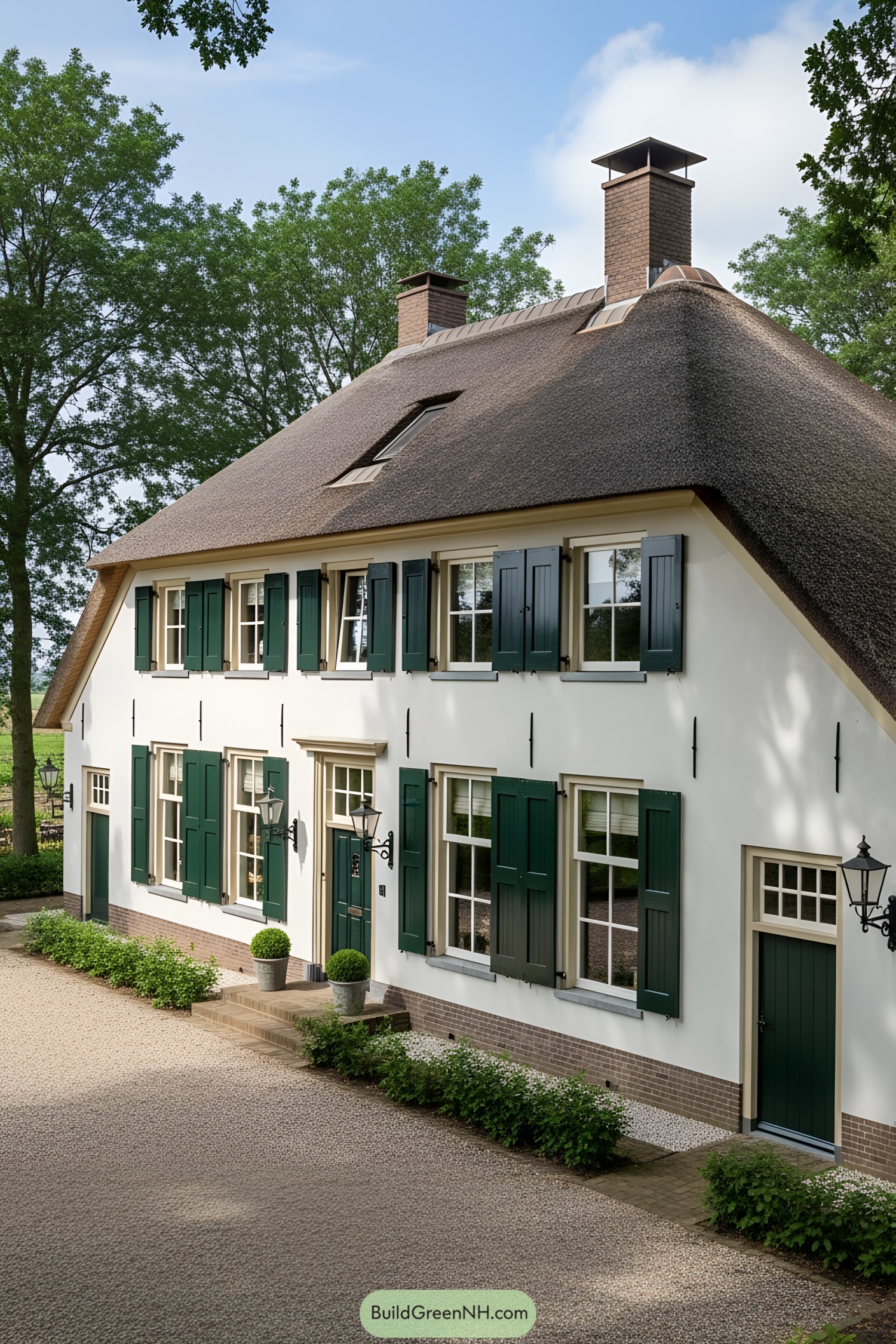 Traditional Dutch farmhouse with green shutters and a thatched roof