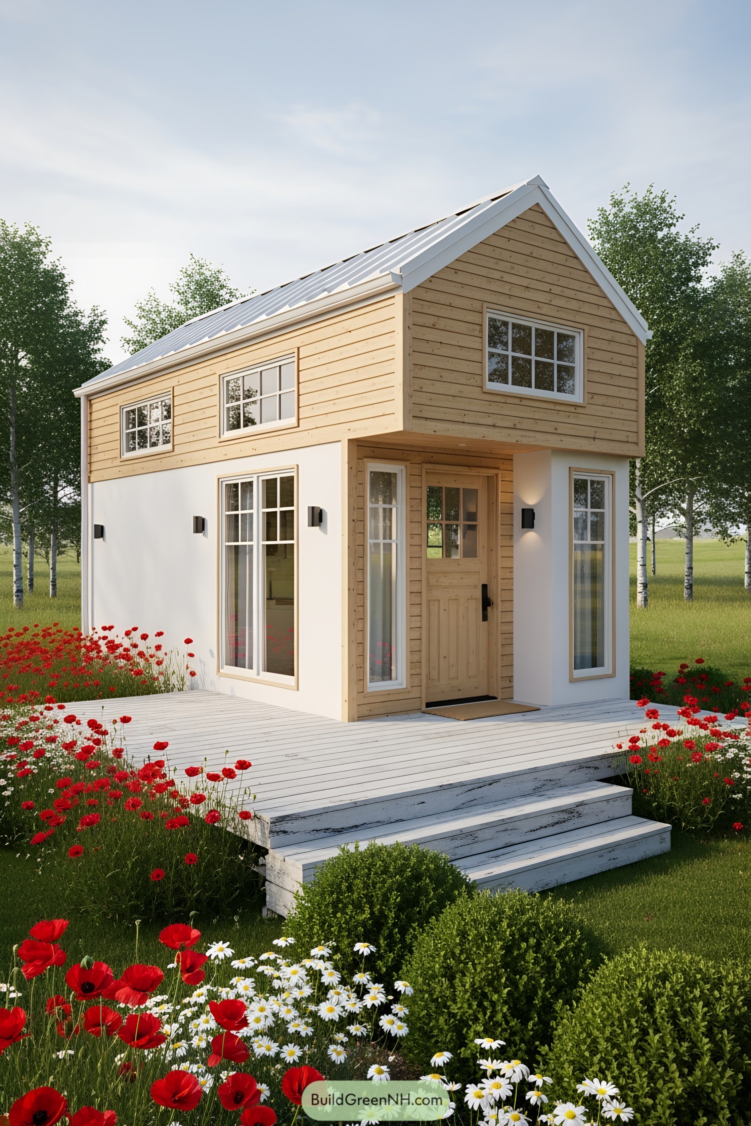 Tiny house surrounded by vibrant flowers and deck
