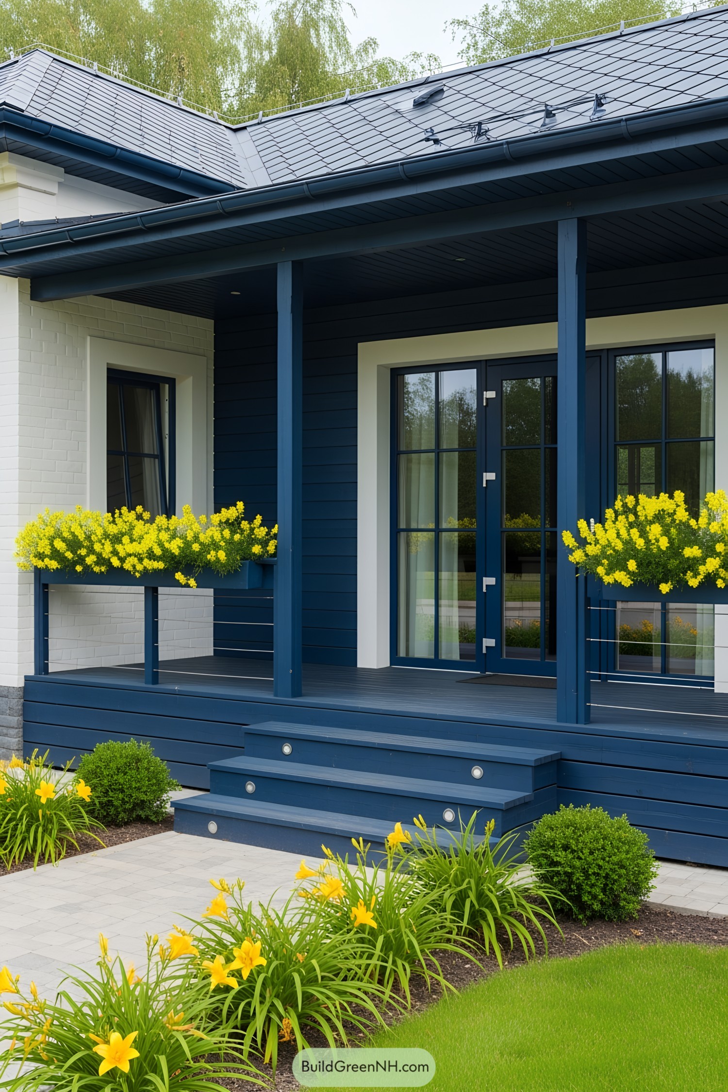 Modern cottage with blue facade and vibrant yellow flowers