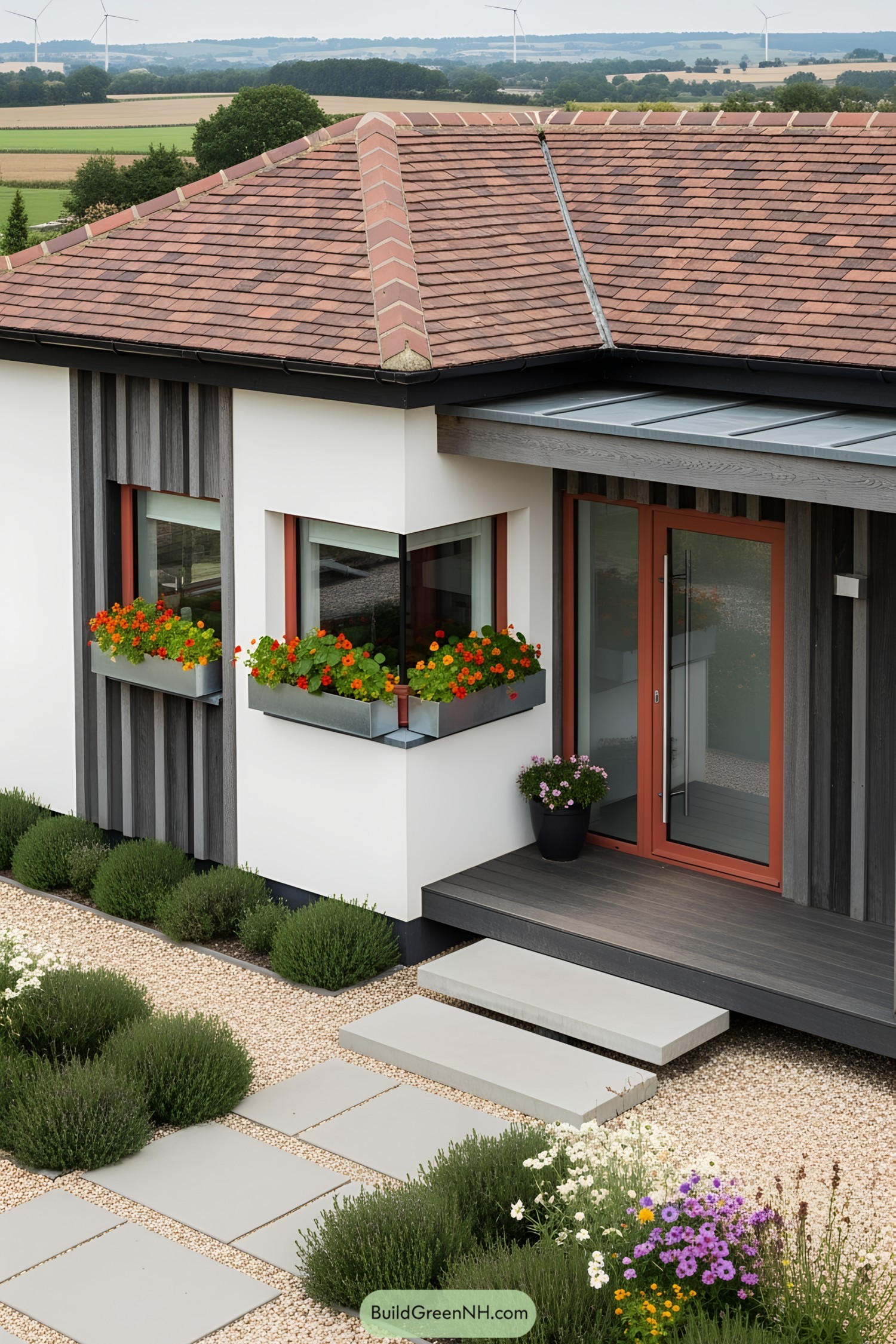 Cottage with bright flower boxes and a charming entrance