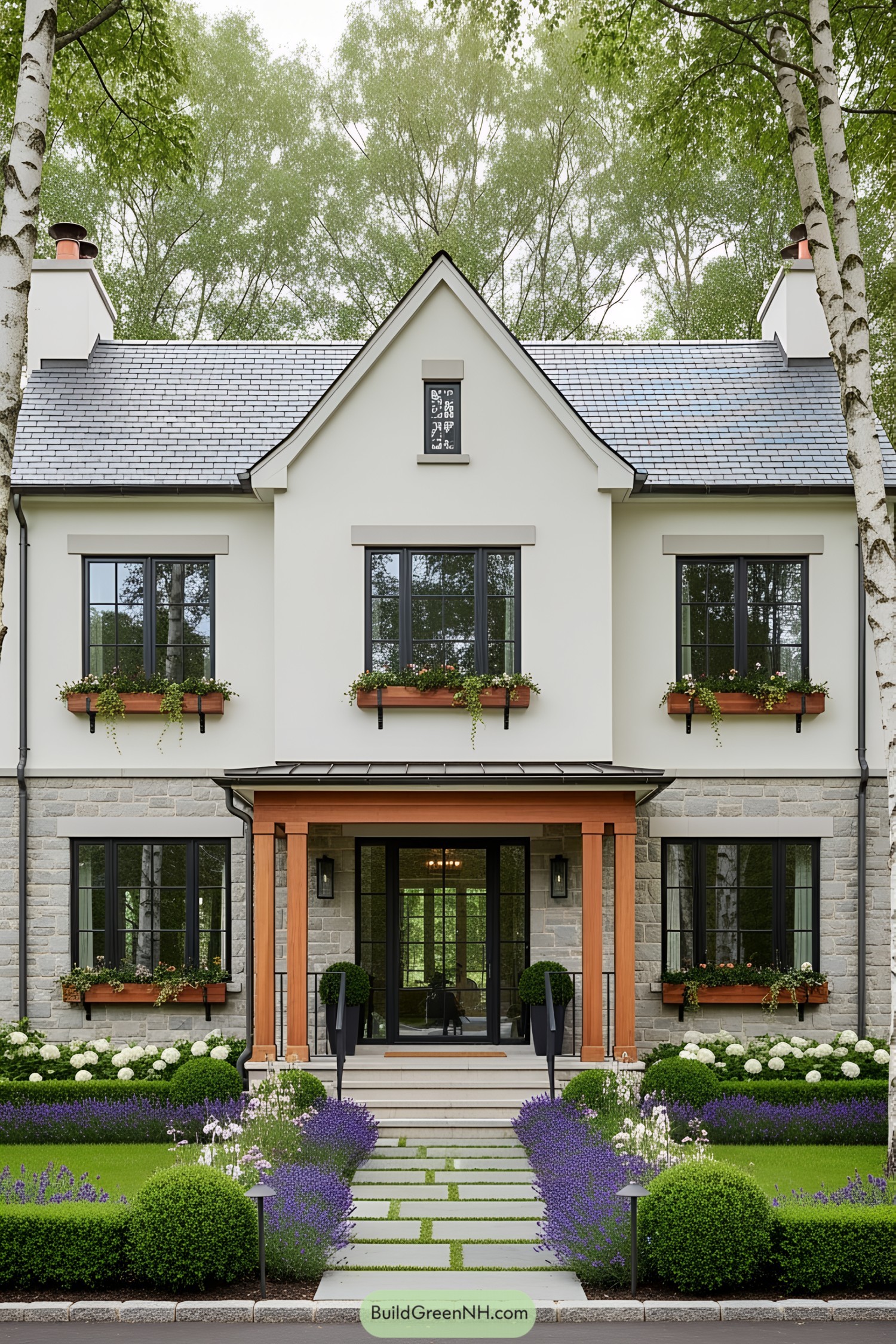 Modern cottage with flower boxes on windows and landscaped garden