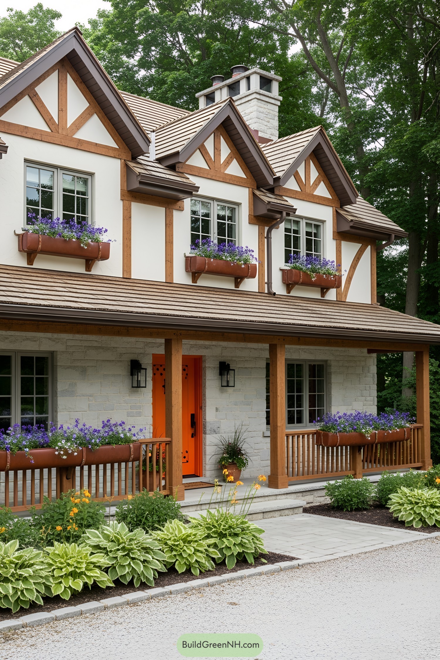 Charming cottage with flower boxes and vibrant entrance