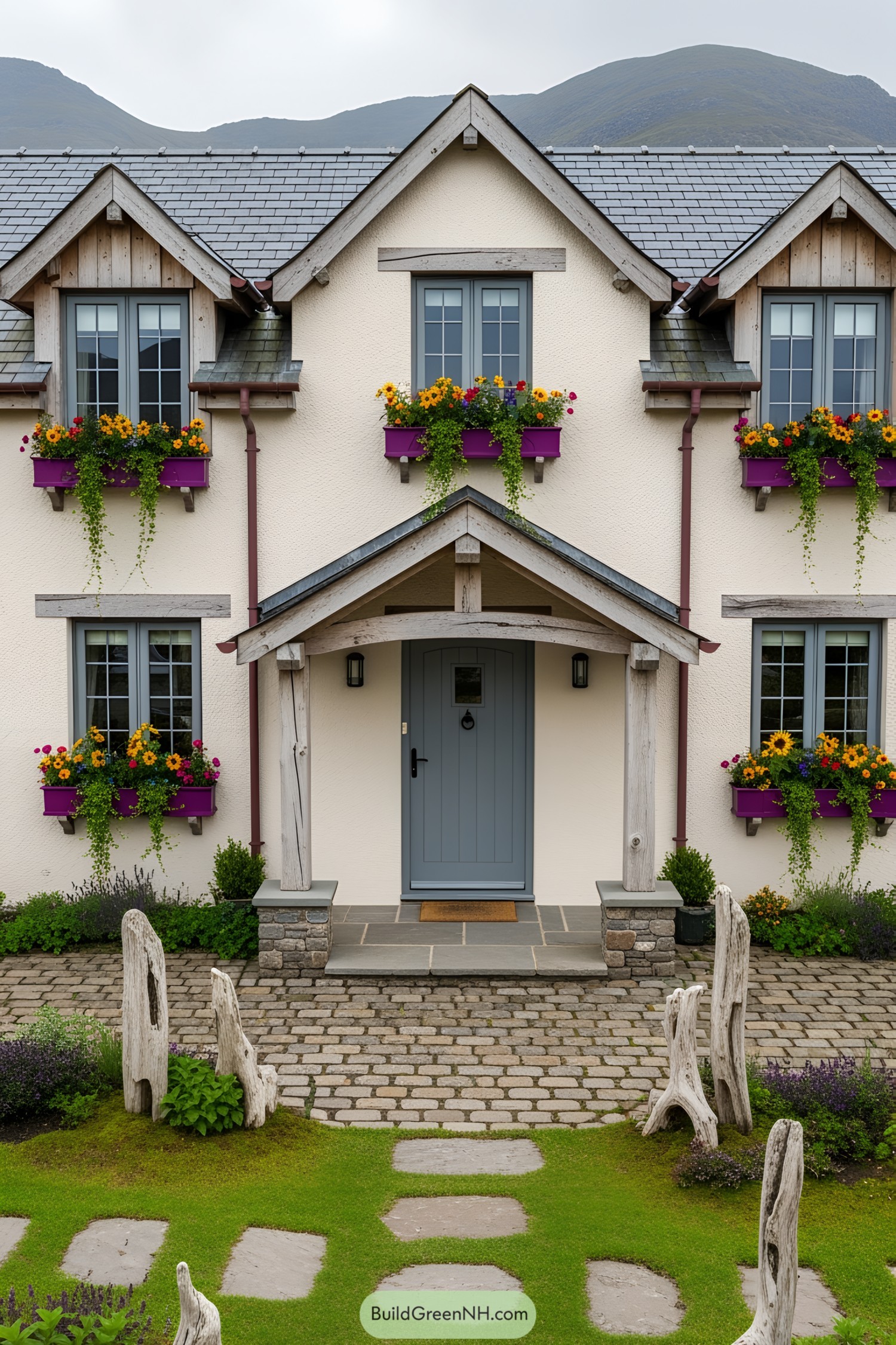 Cozy modern cottage with vibrant flower boxes