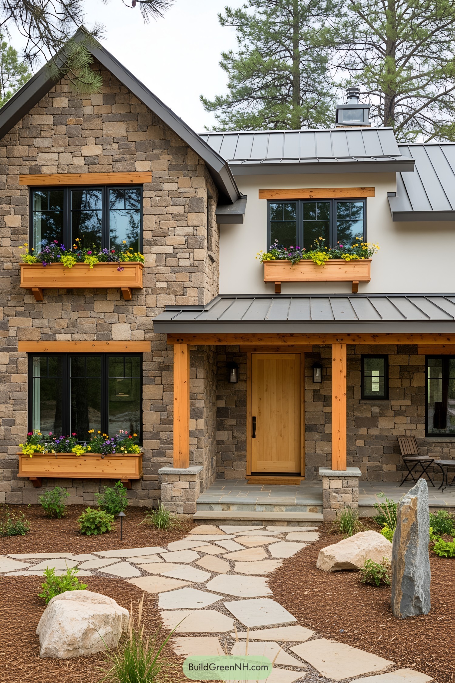 Modern cottage with stone facade and vibrant flower boxes