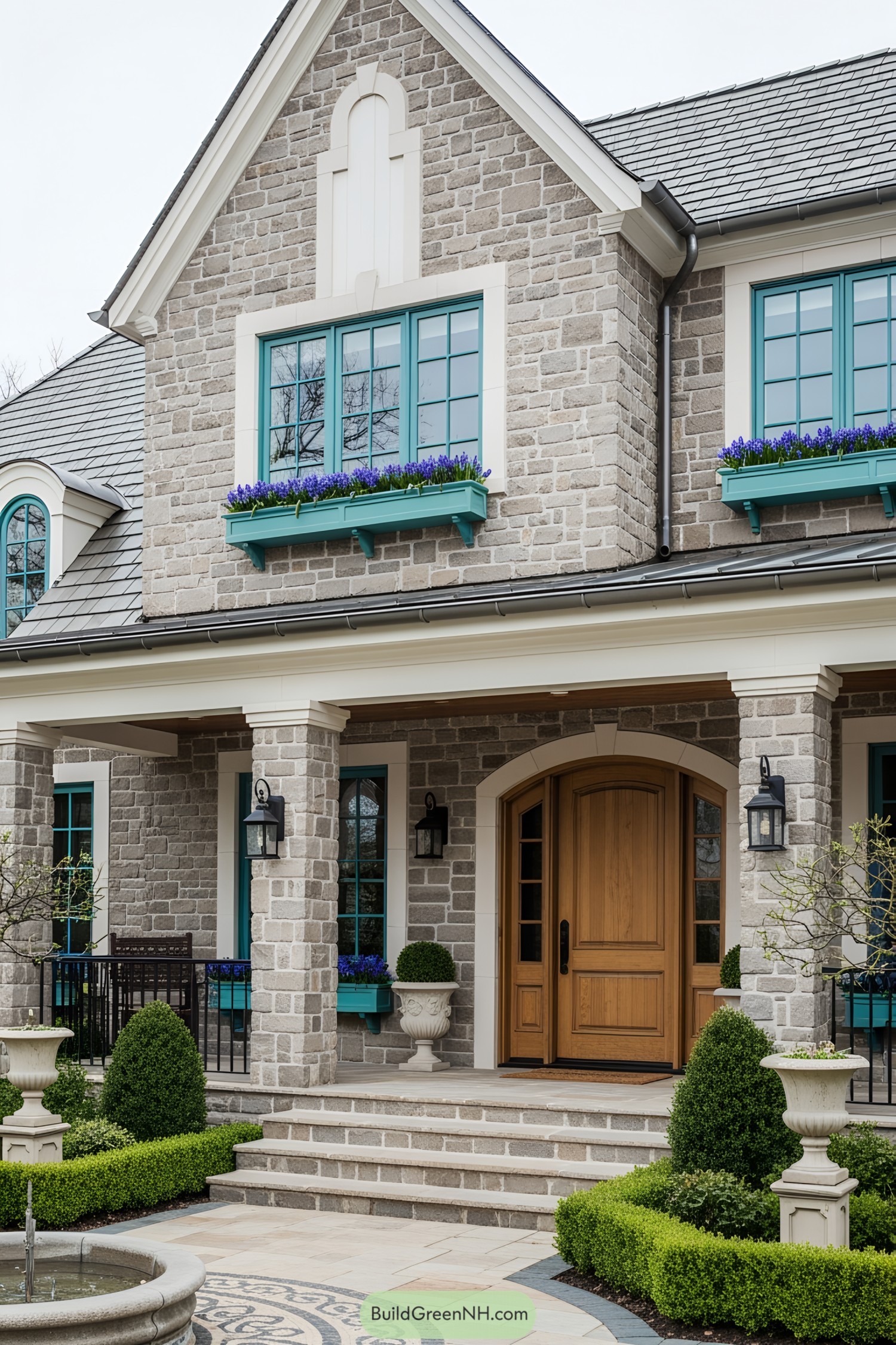 Modern cottage with stone exterior and flower boxes