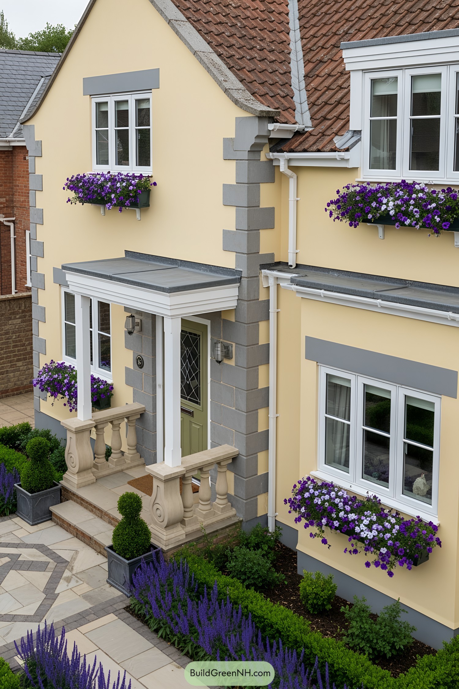 Yellow cottage with purple flower boxes and ivy-green door