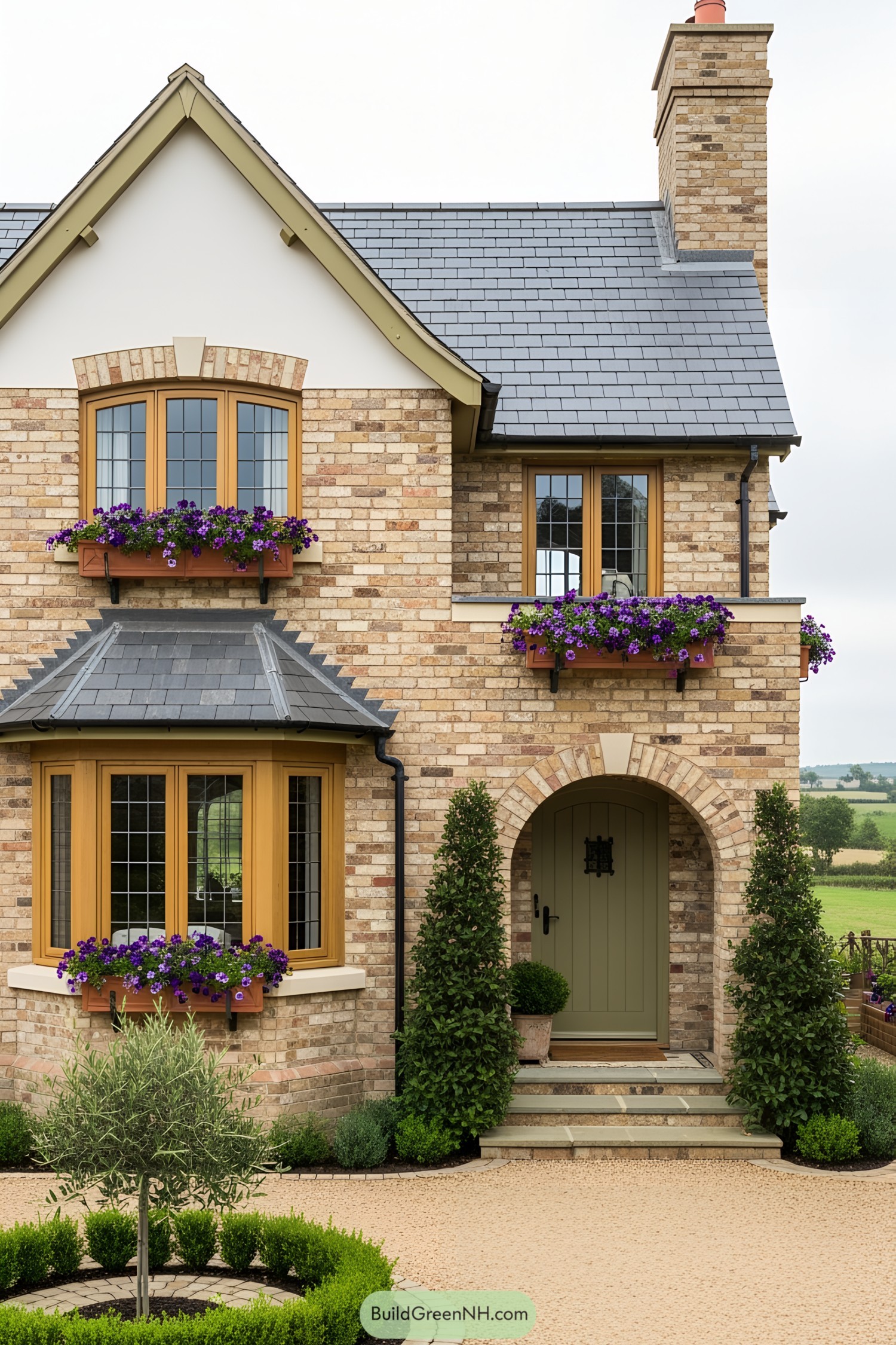 Modern European cottage with flower boxes and brick facade