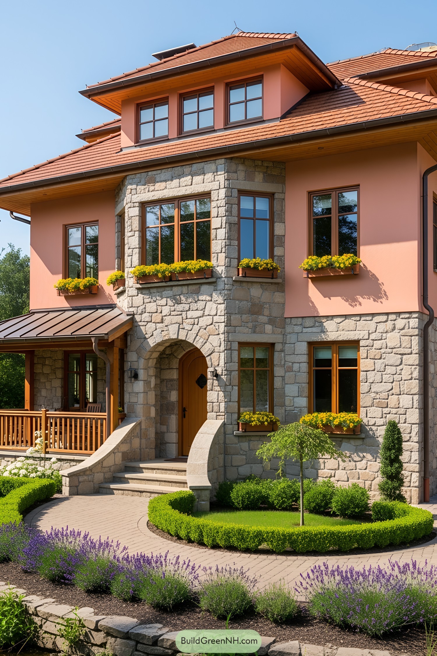 Modern cottage with stone facade and flower boxes