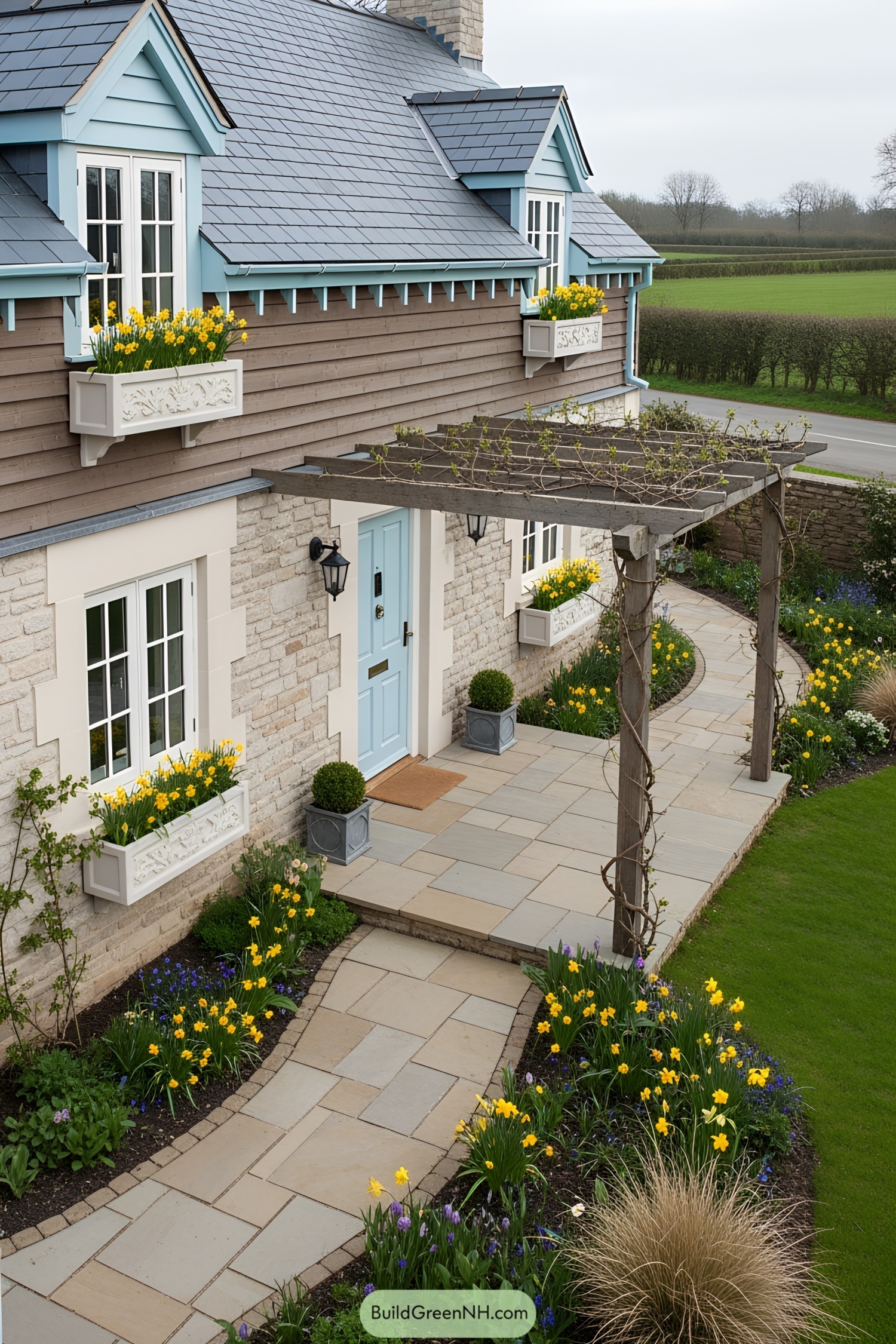 Modern cottage with flower boxes and stone path
