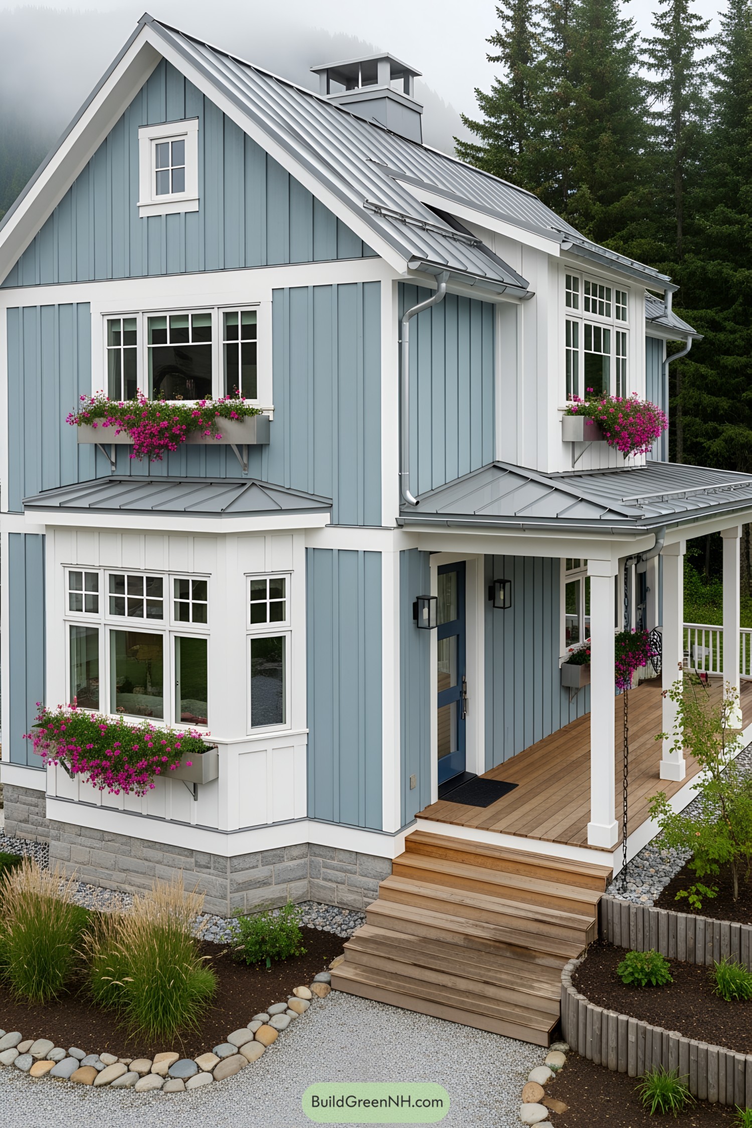 Modern European-style cottage with flower boxes