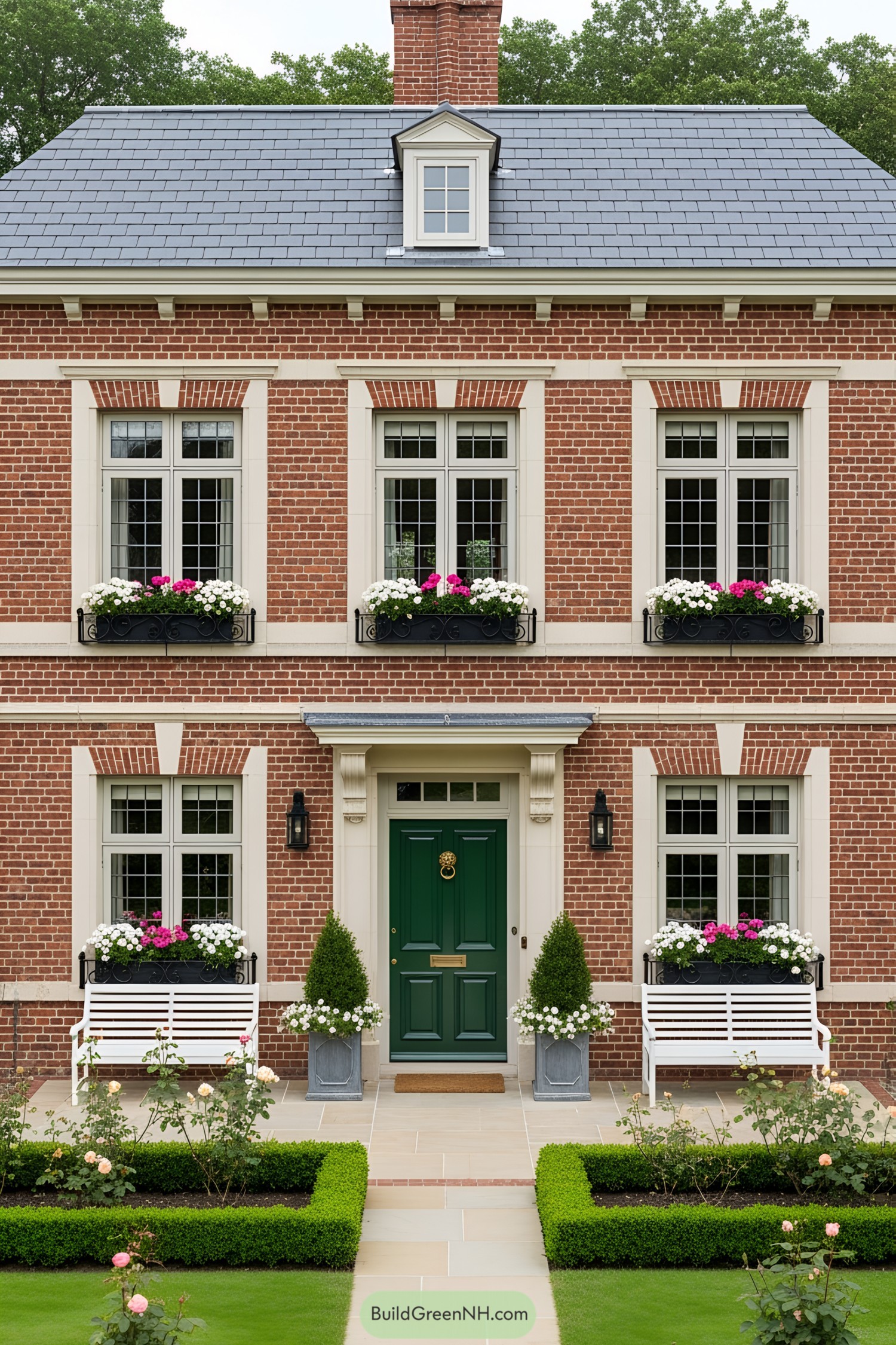 Brick cottage with flower boxes and a green door