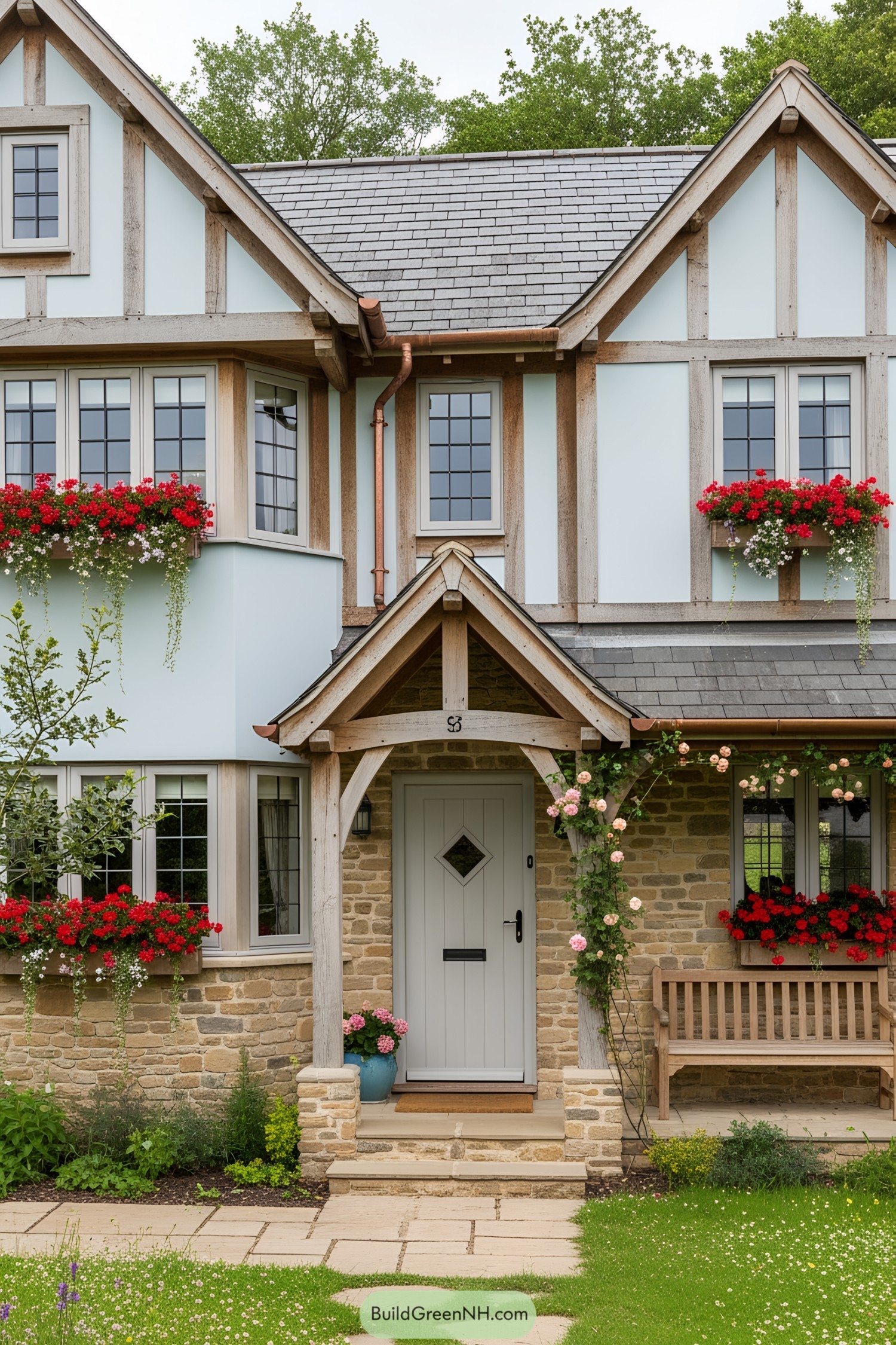 Modern cottage with vibrant flower boxes