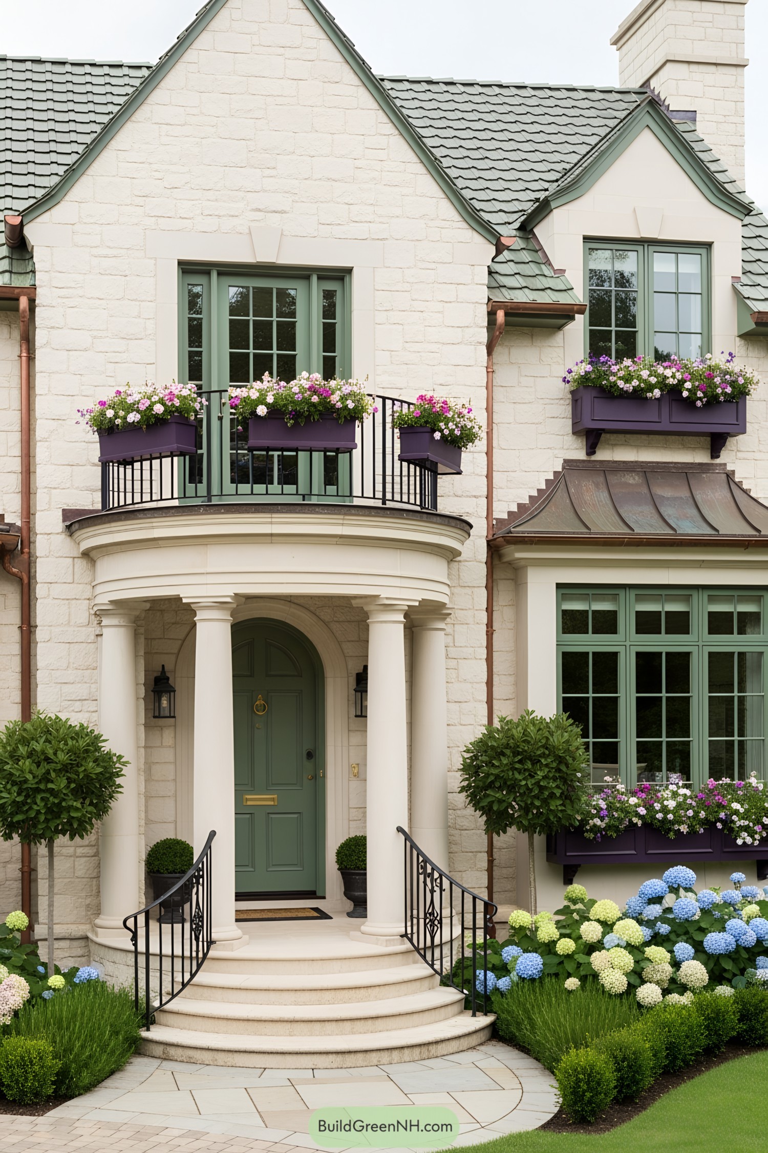 Charming modern cottage with flower boxes and circular porch