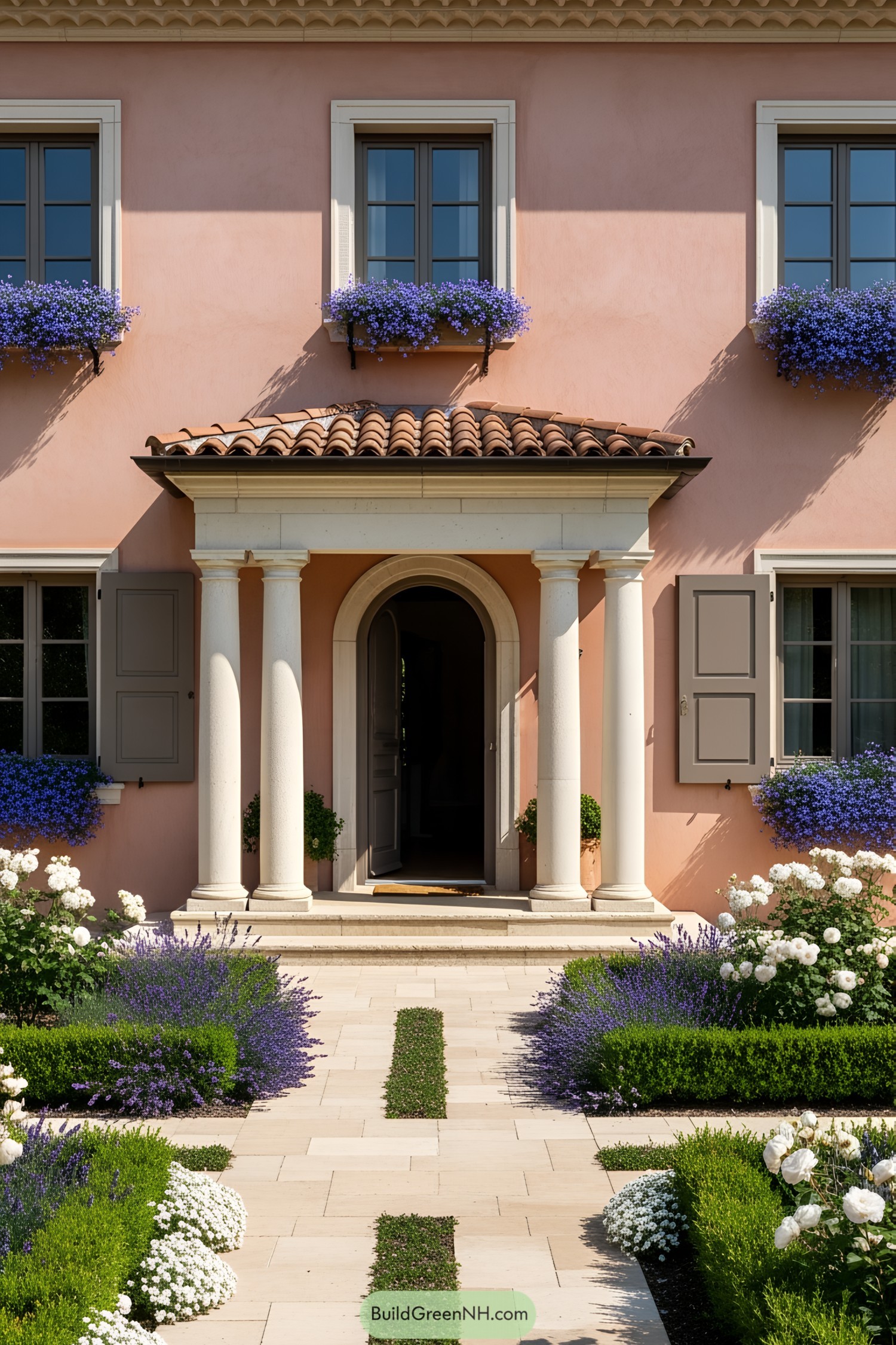Charming cottage with flowers and columns