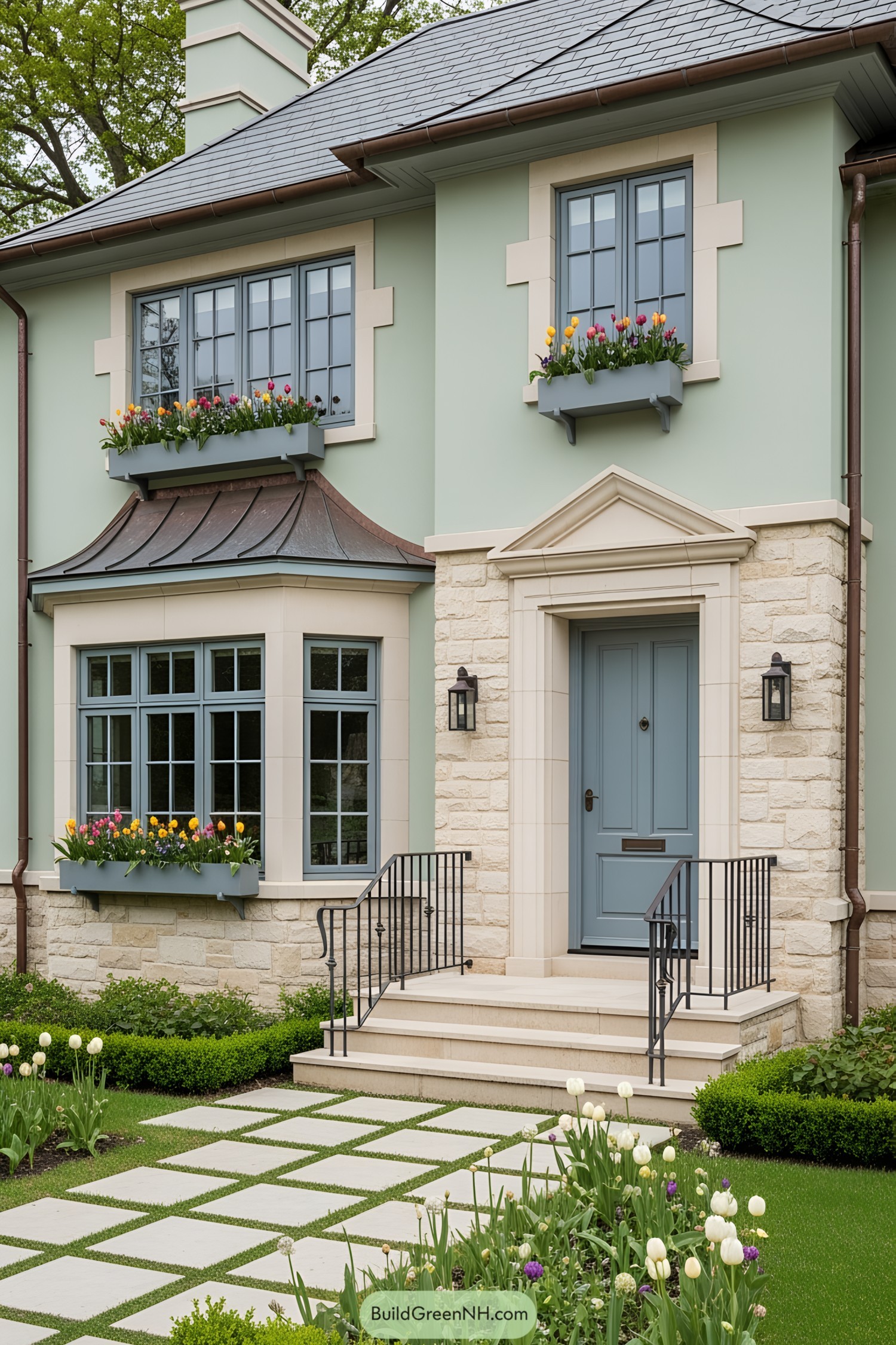 Modern cottage with flower boxes and lush garden