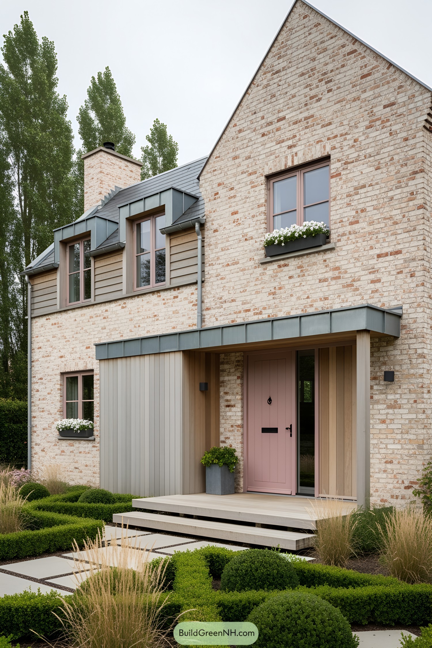 Charming cottage with a pink door and flower boxes