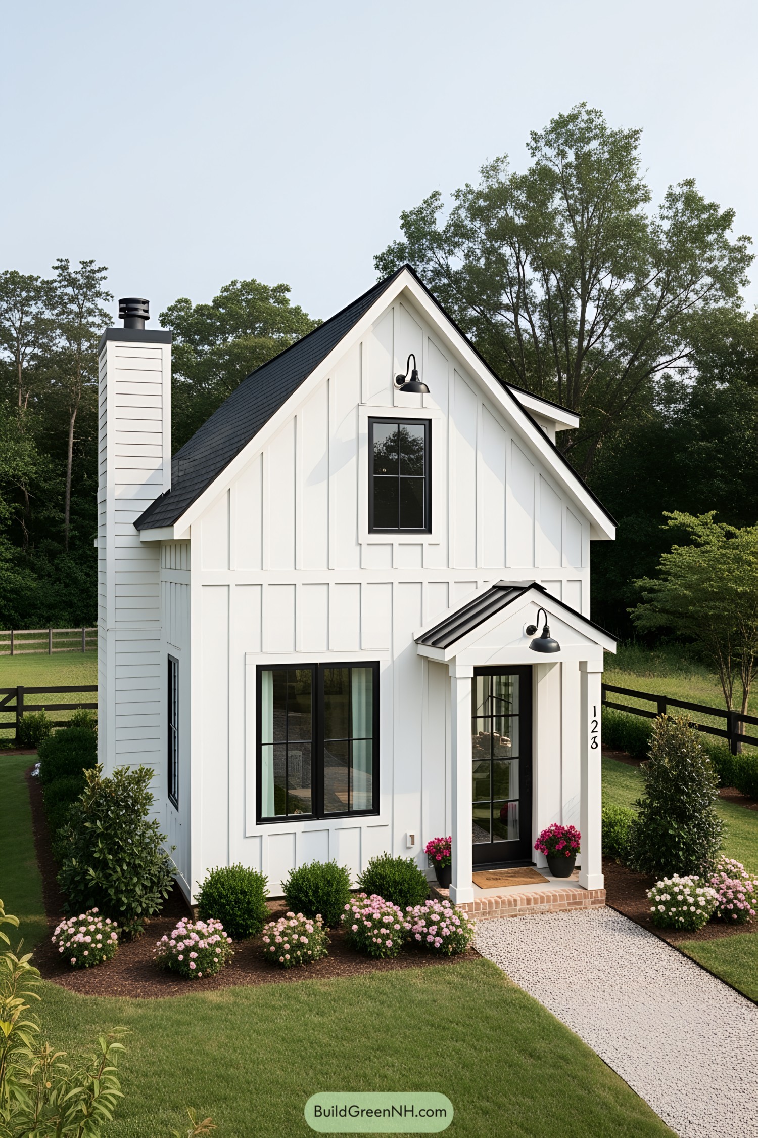 Charming tiny farmhouse with black roof and white walls
