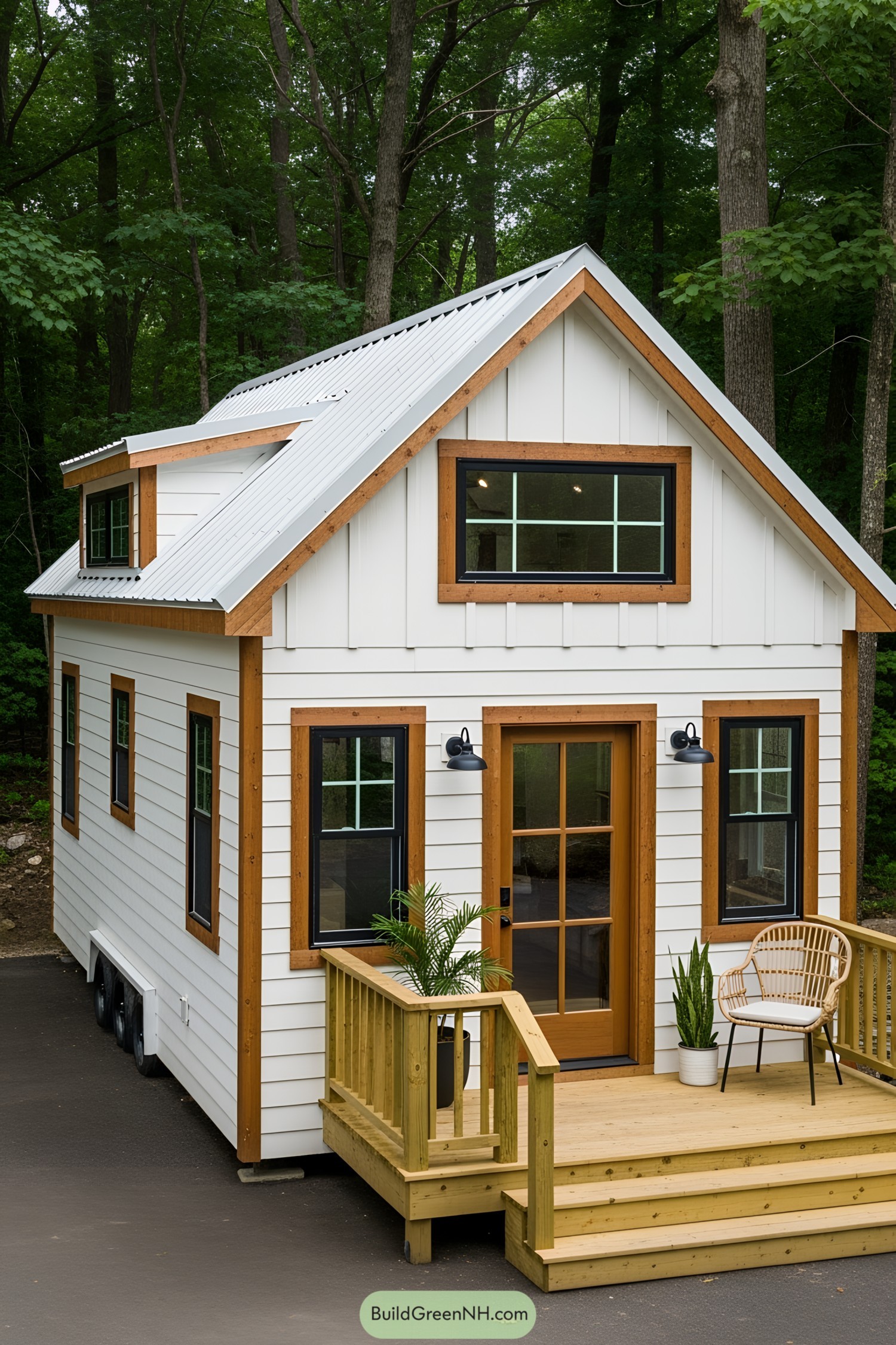 Charming tiny farmhouse with a cozy wooden deck in the forest