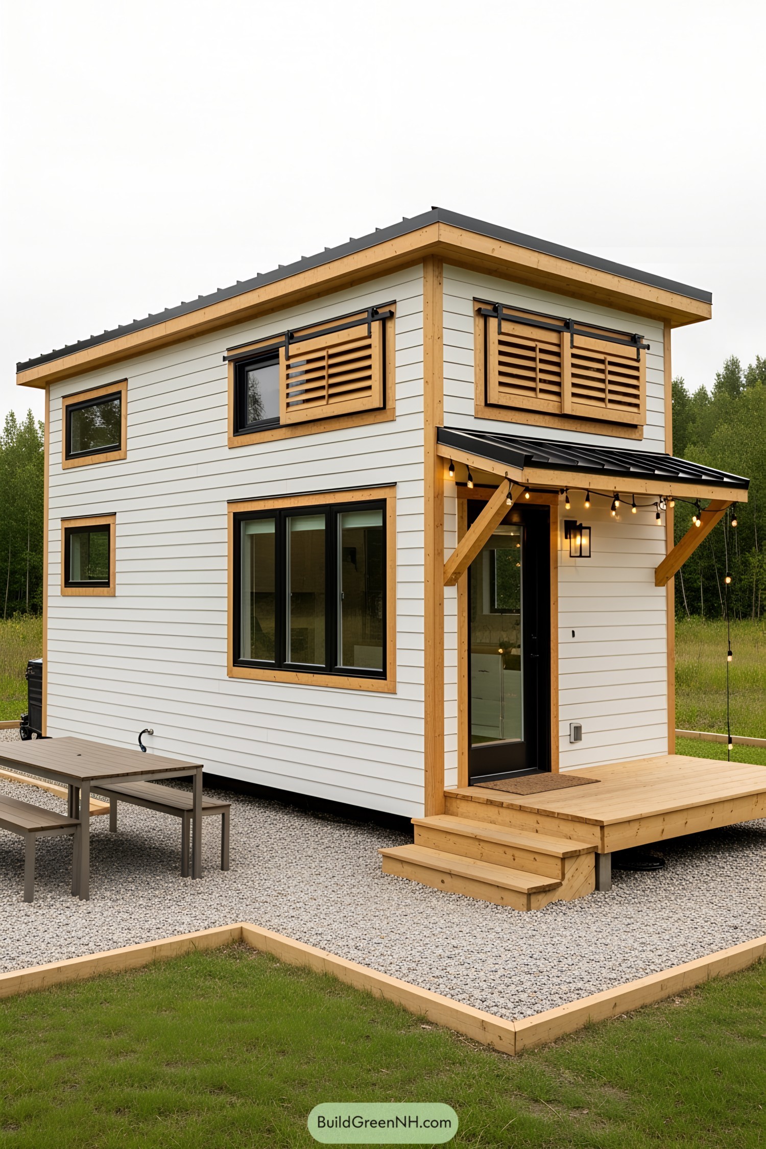 Compact farmhouse tiny house with wooden accents
