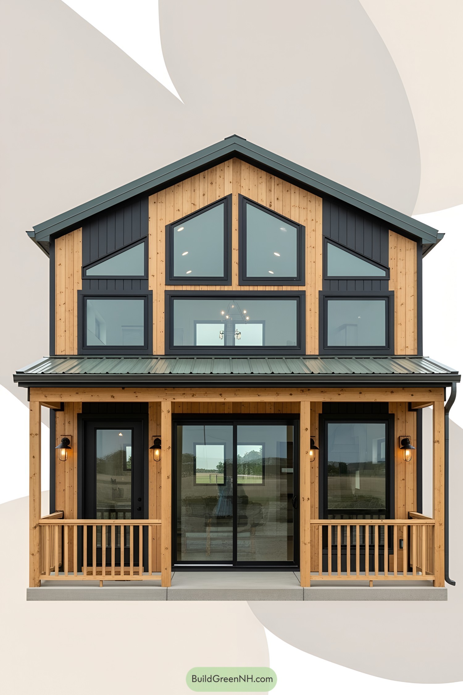 Compact farmhouse with large windows and porch