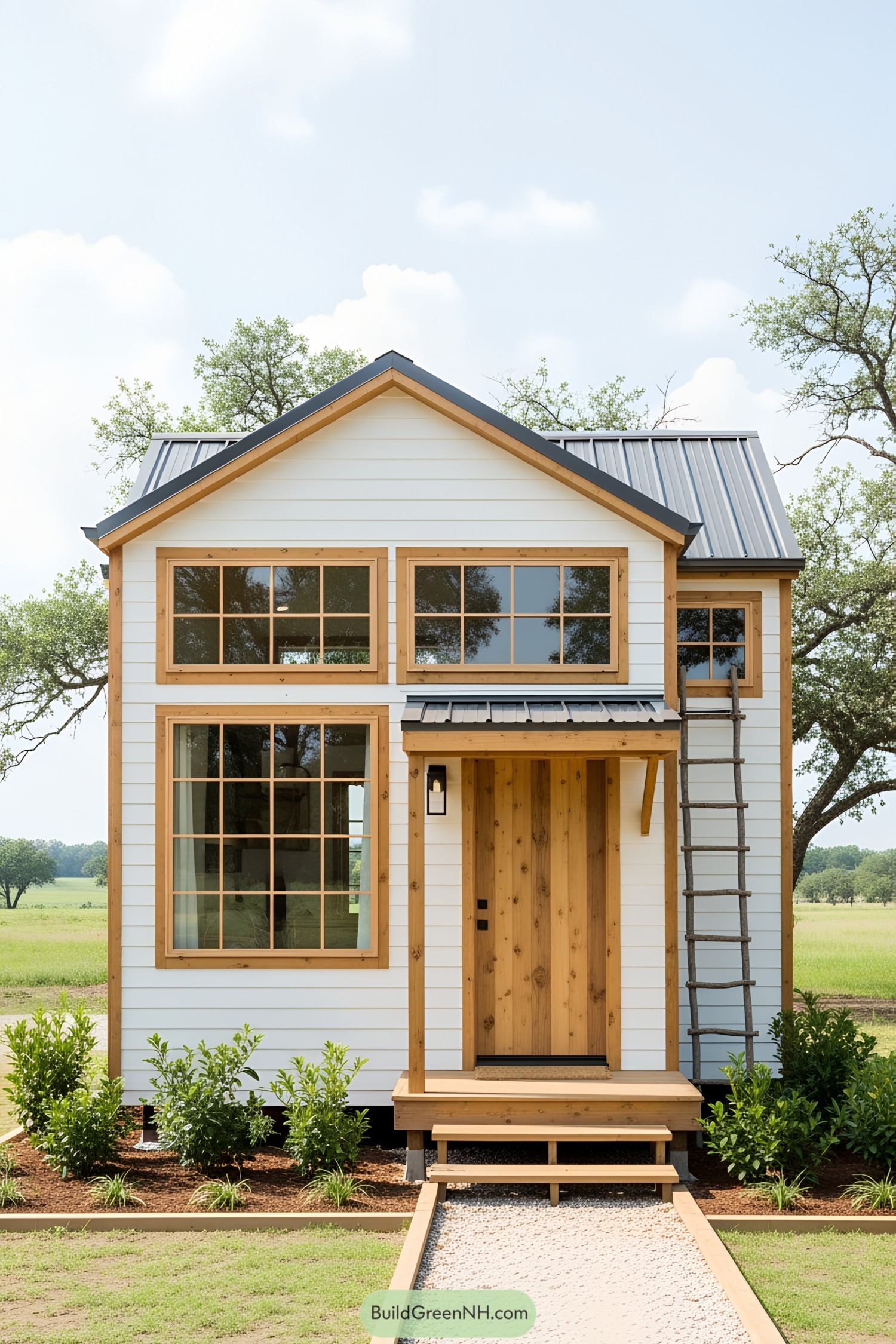 Modern tiny farmhouse with wooden accents in a grassy field