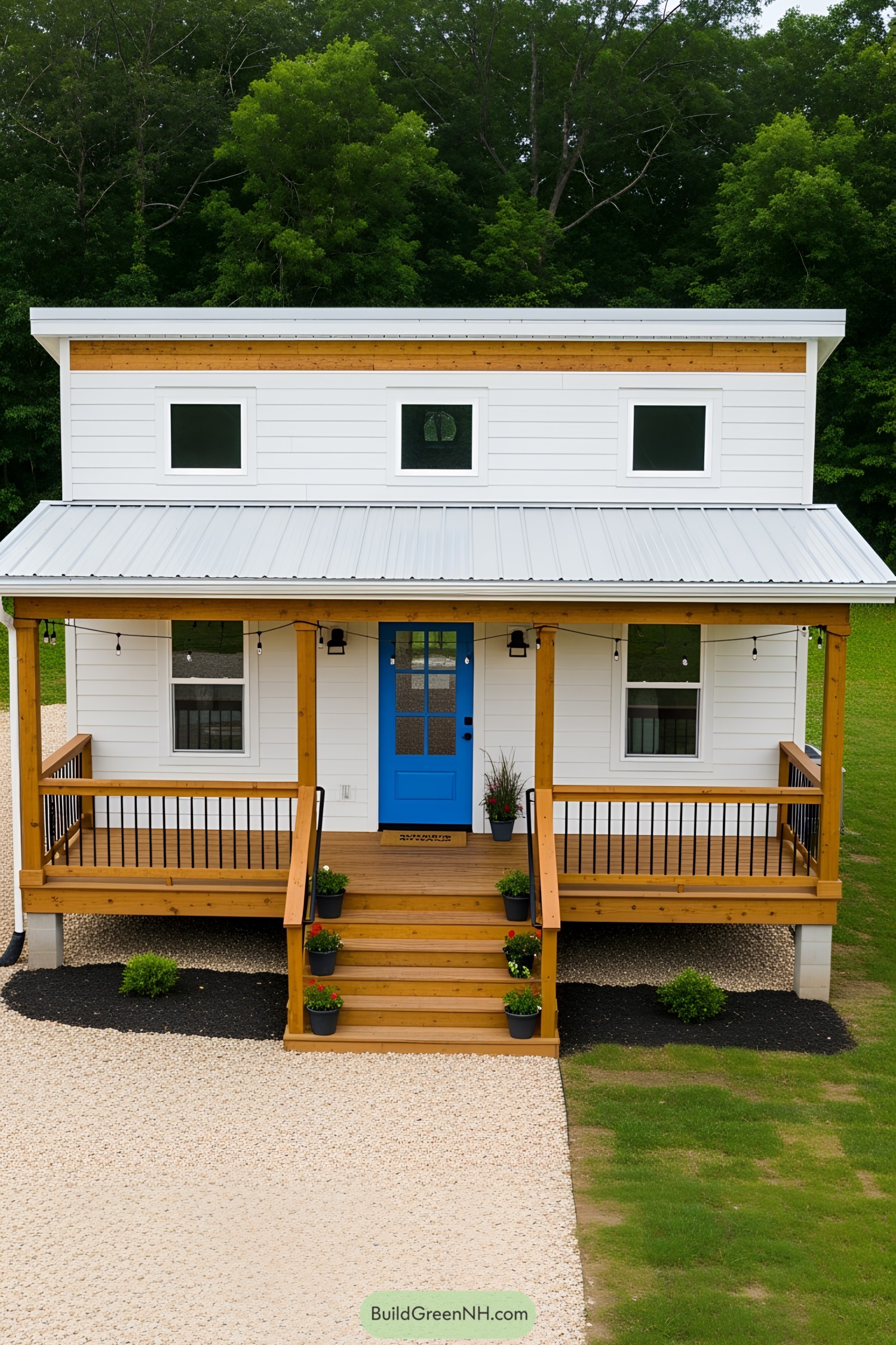 Tiny farmhouse with blue door and cozy porch