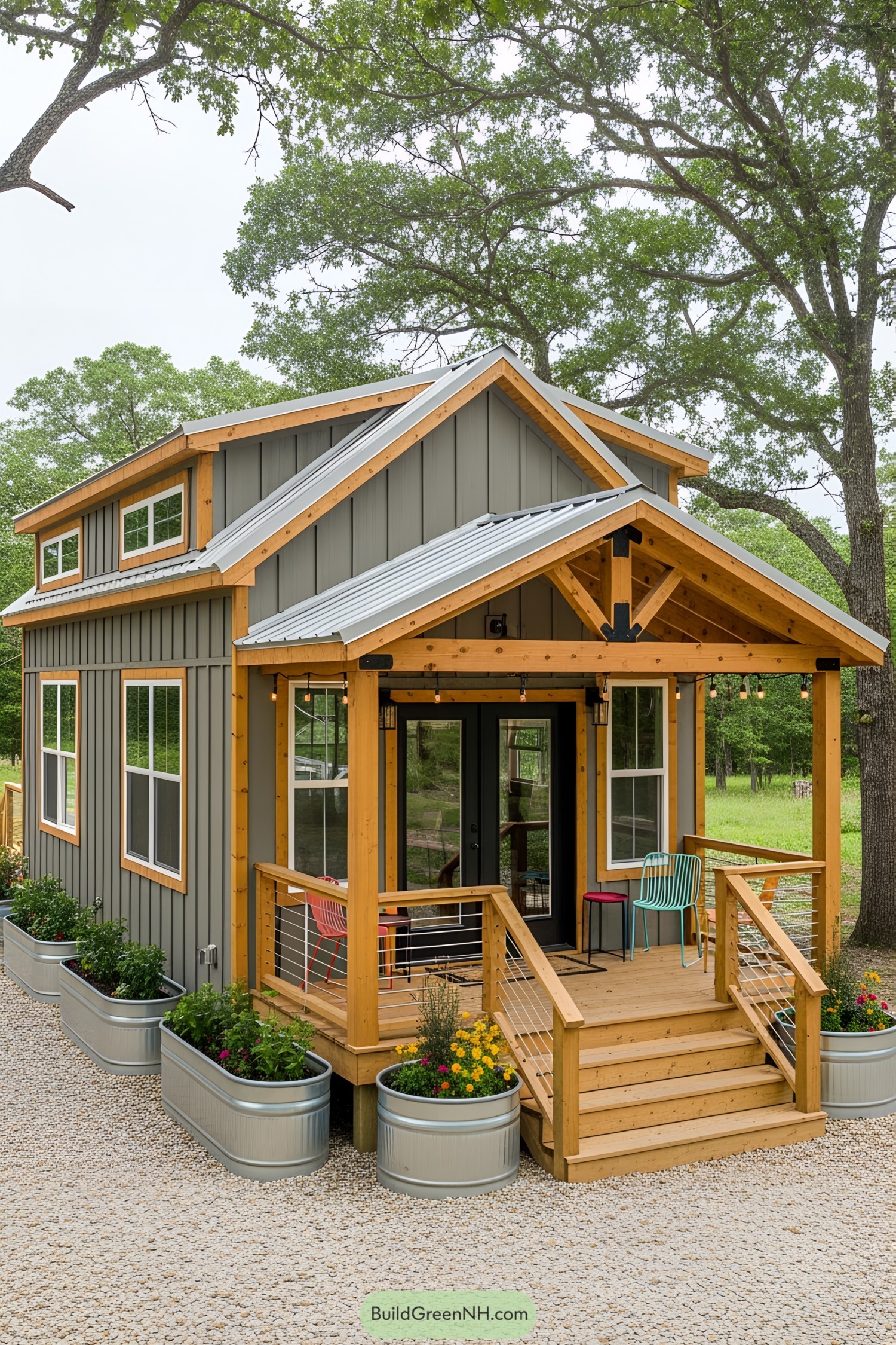 Charming tiny farmhouse with porch and vibrant chairs