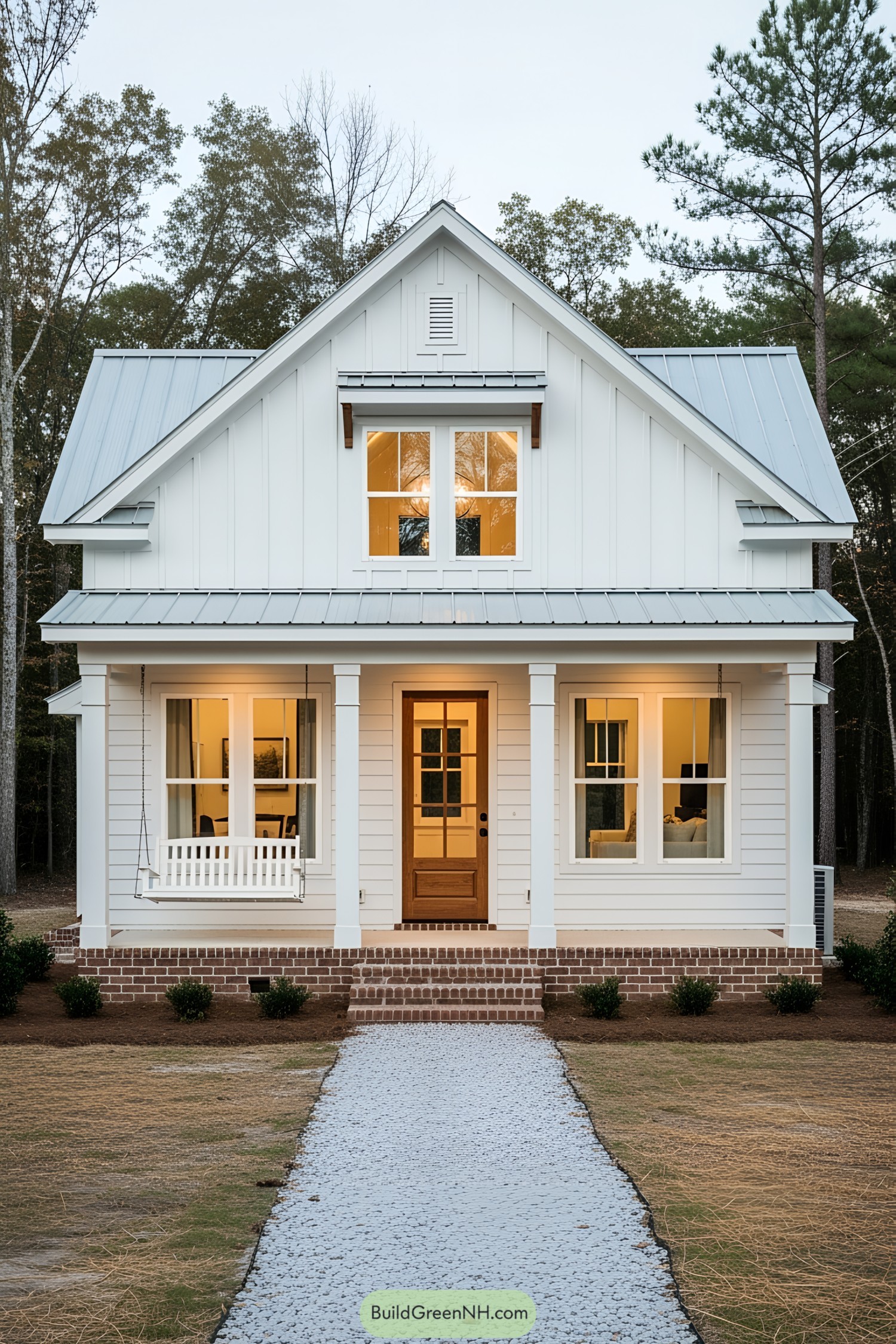 Cozy tiny farmhouse with a front porch and swing