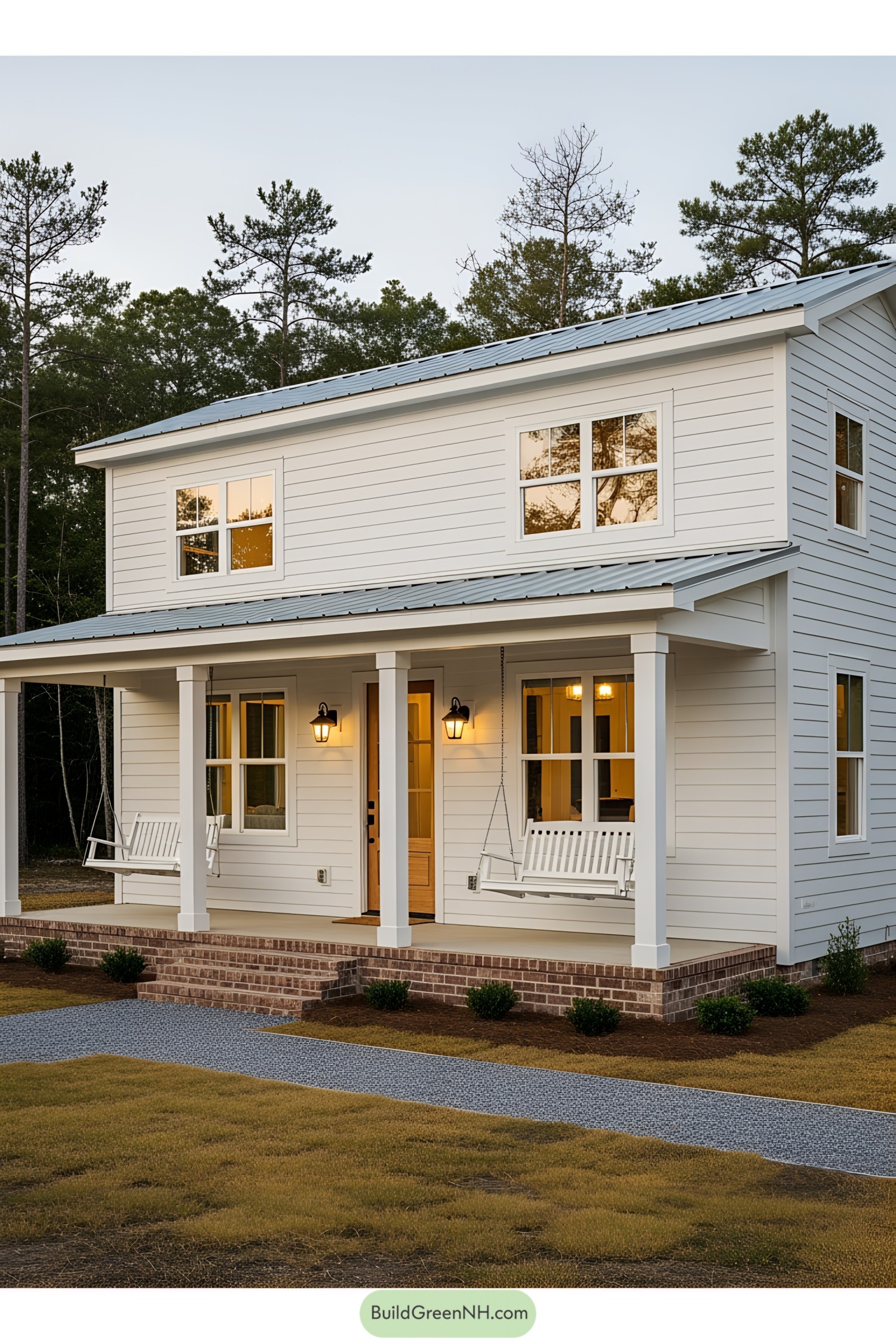Charming white farmhouse with inviting front porch and swings