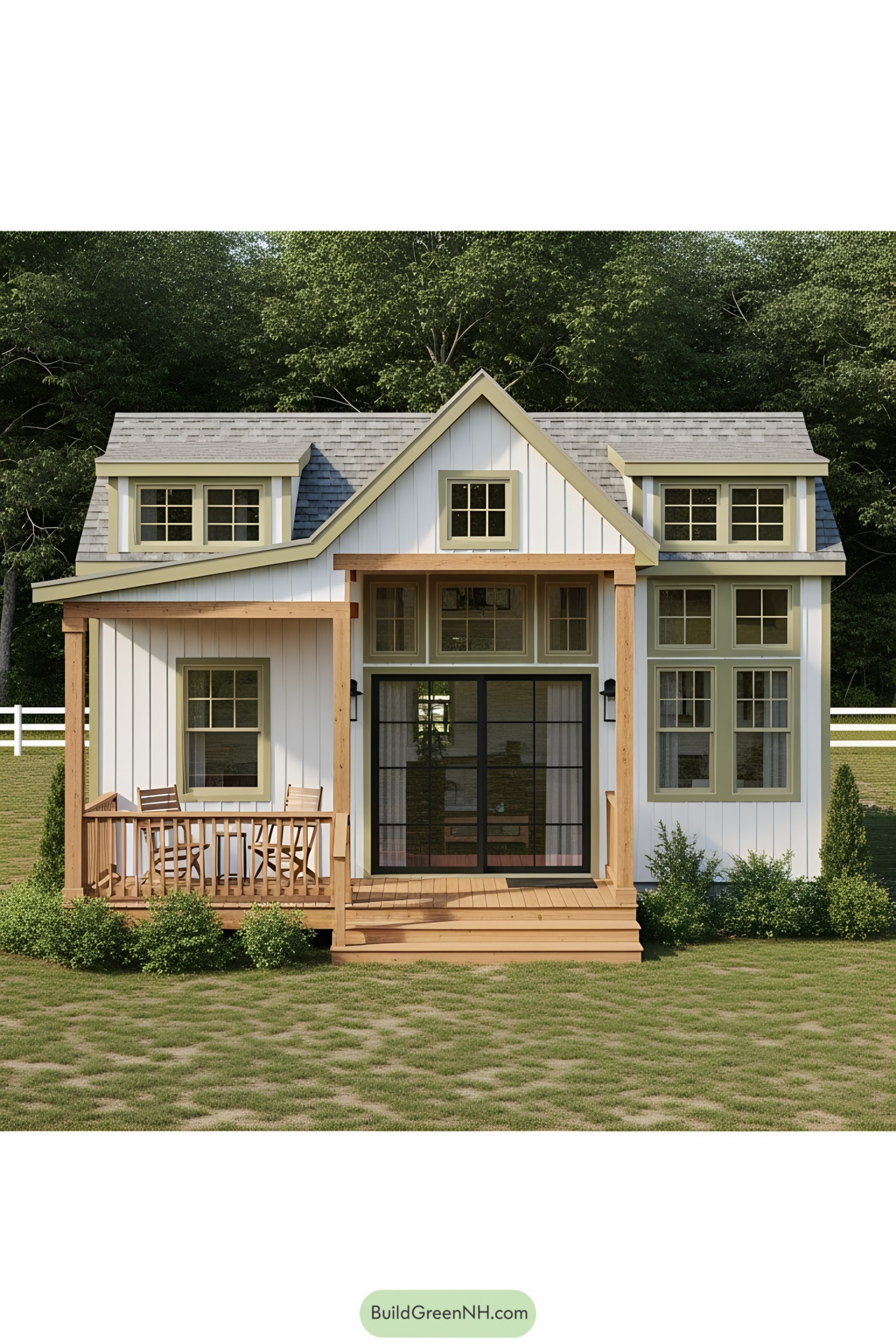 Cute tiny house with a wooden porch and large windows