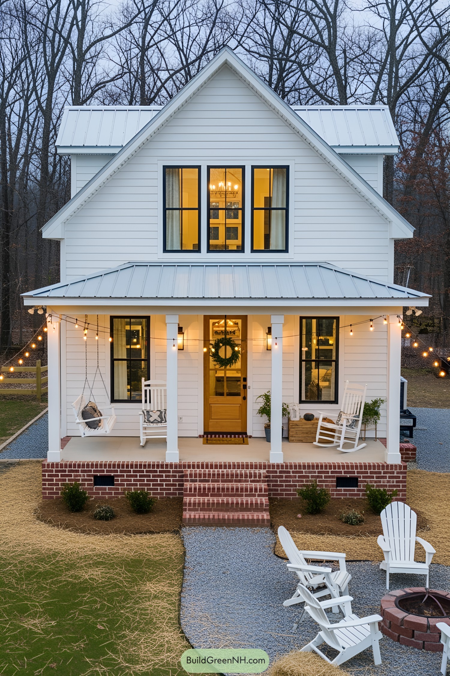 Cozy tiny farmhouse with porch and string lights