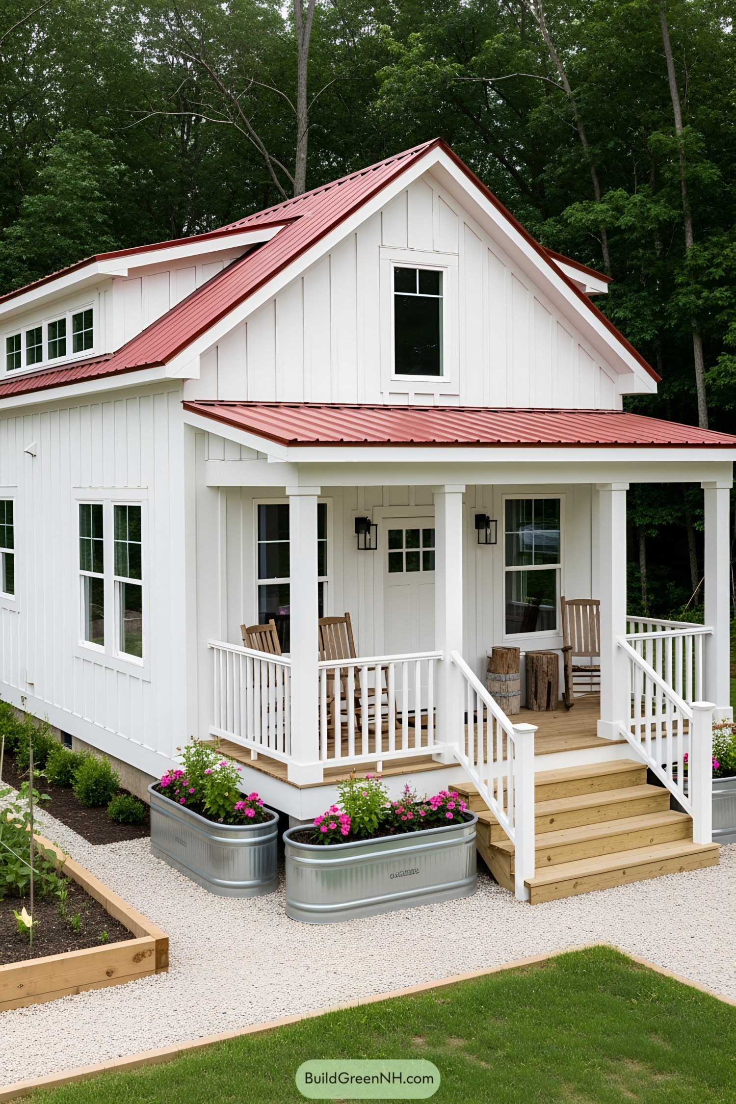 White tiny farmhouse with a red roof and inviting porch