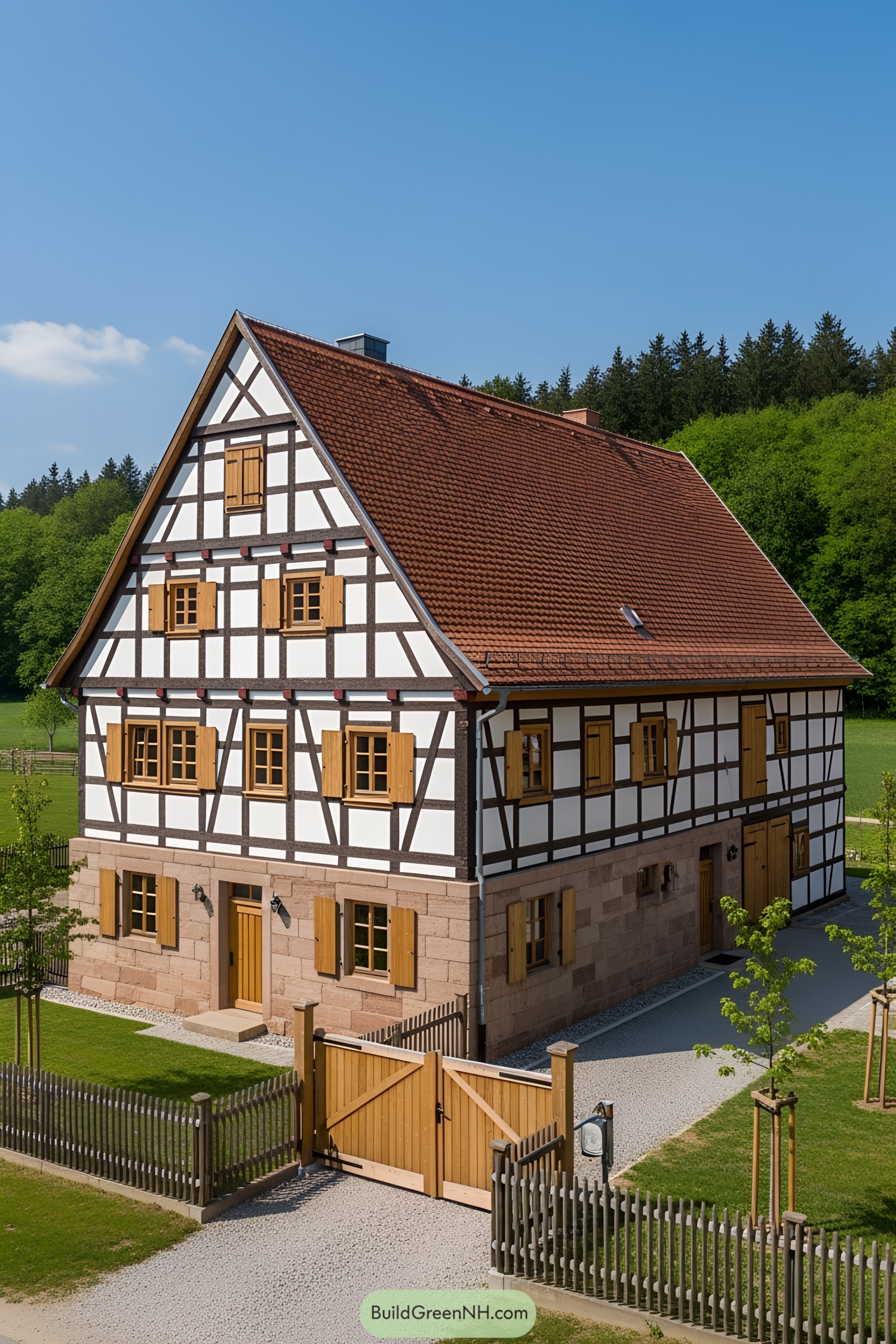 Half-timbered German farmhouse with wooden shutters under a clear blue sky