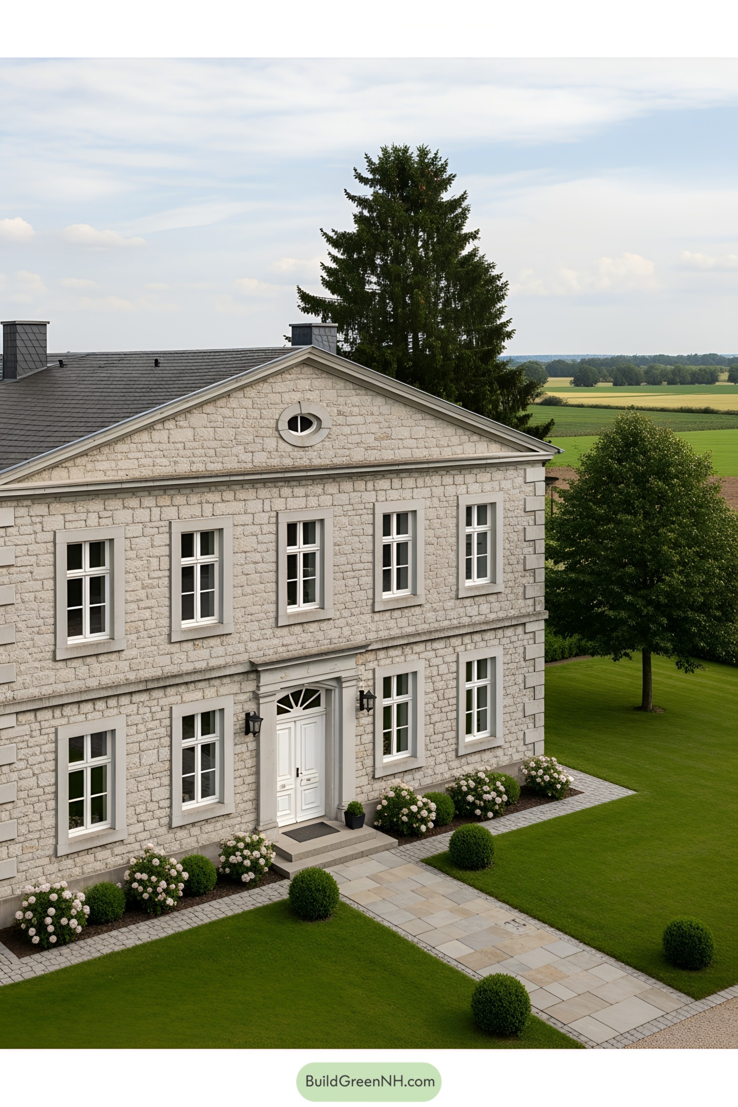 Elegant stone house with manicured garden and hedges