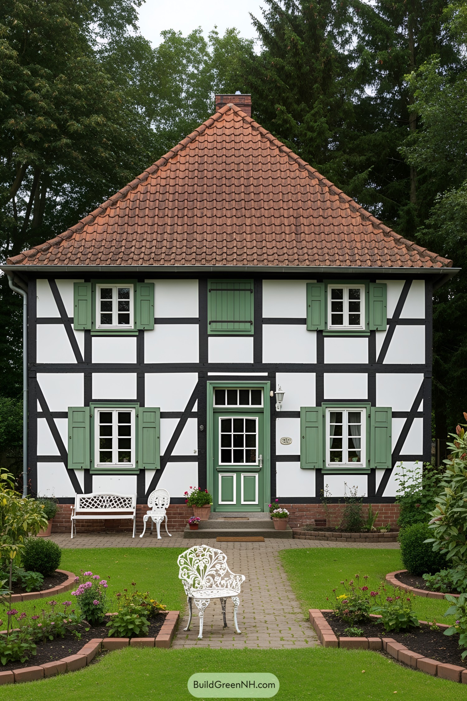 Traditional German farmhouse with timber framing and green shutters