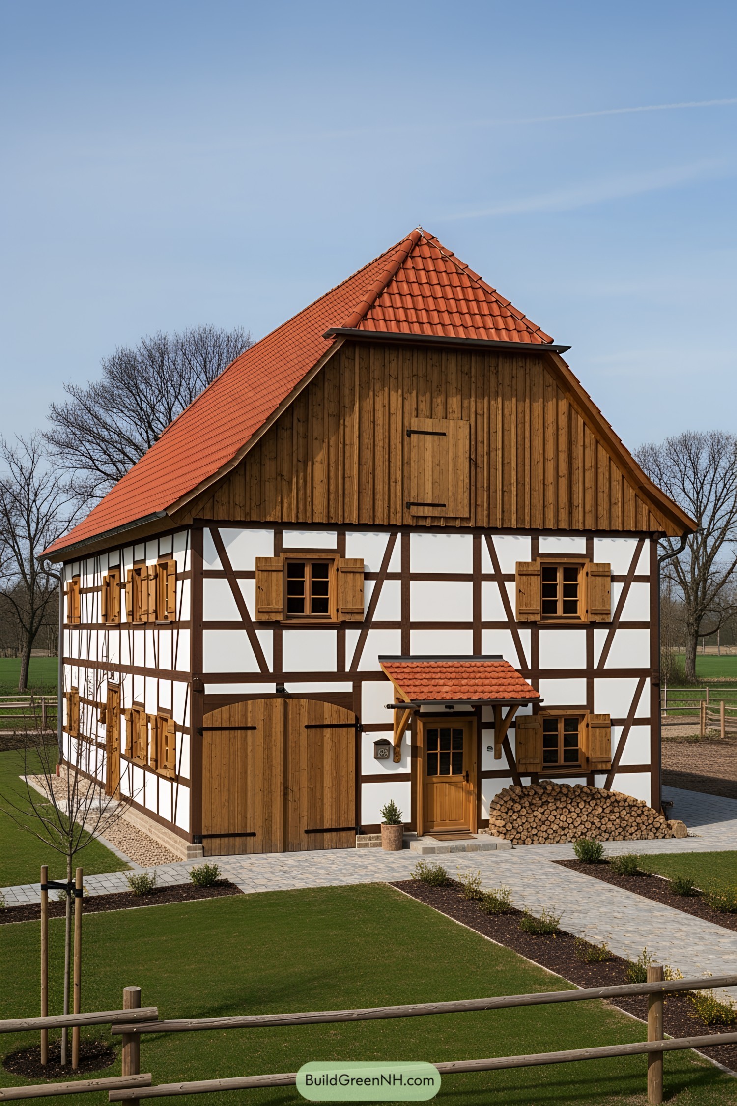 Quaint German farmhouse with timber framing and red roof