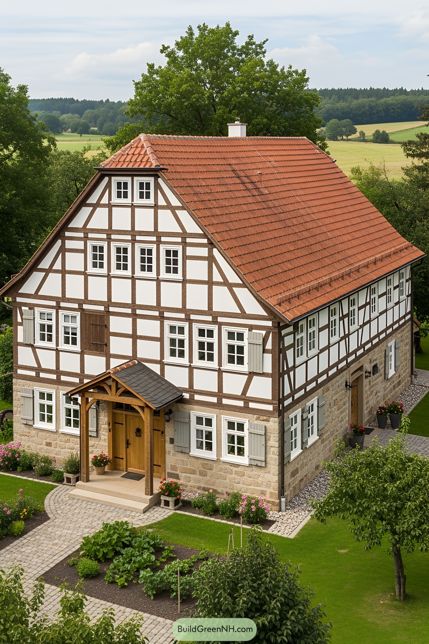 Traditional half-timbered farmhouse with a red-tiled roof