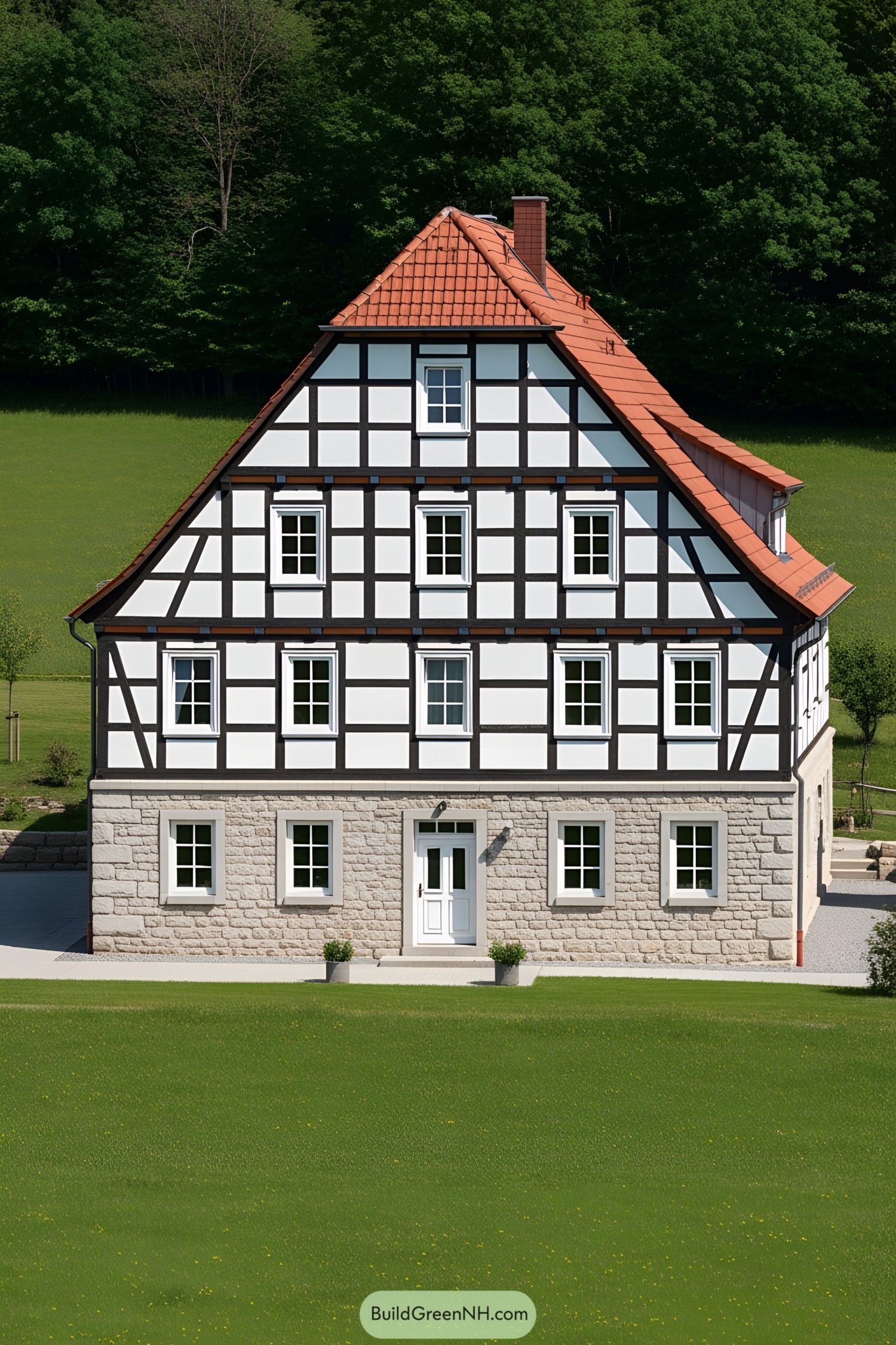 Traditional half-timbered farmhouse with red roof
