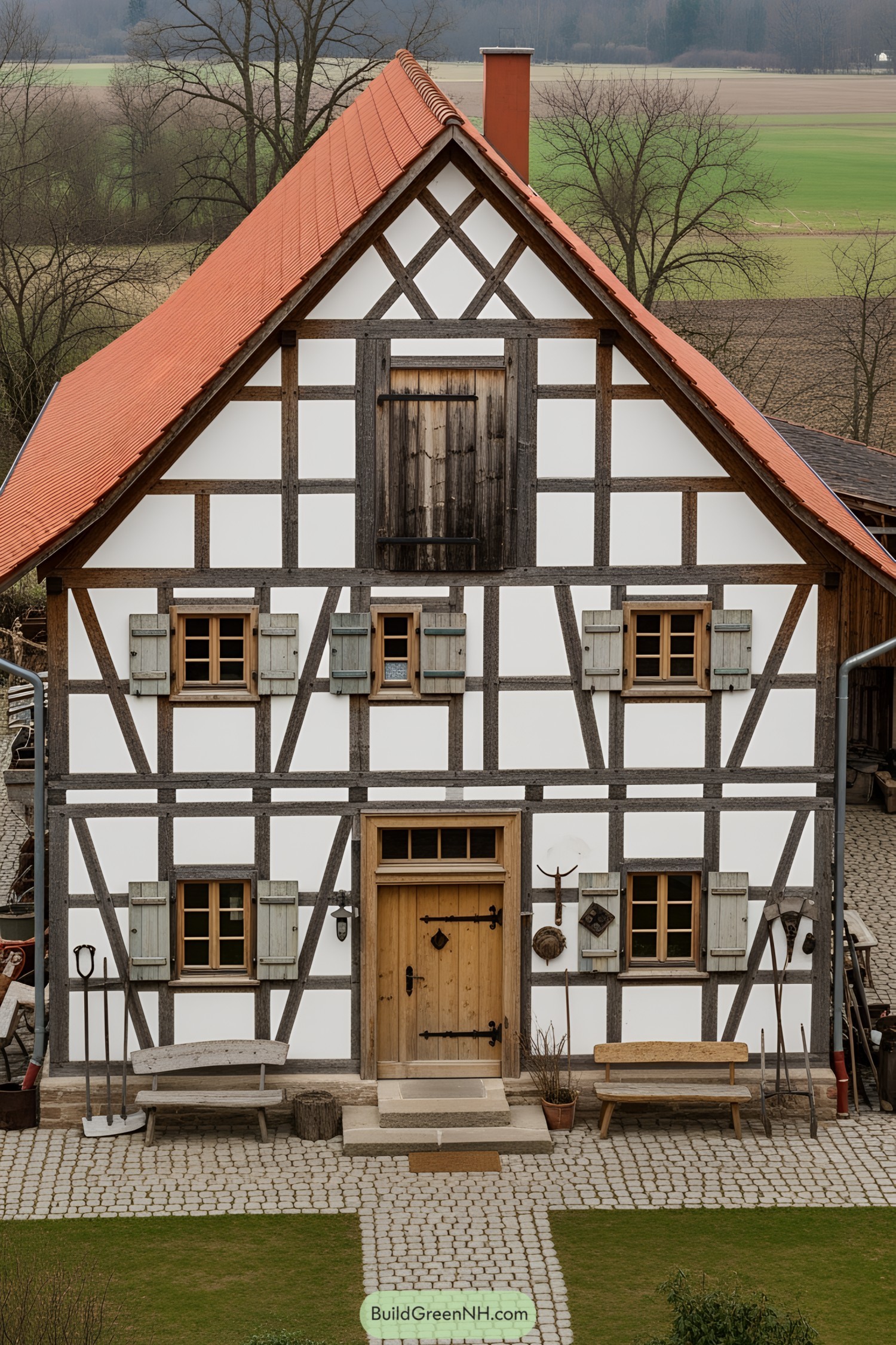 Traditional German farmhouse with timber-framed structure and red roof