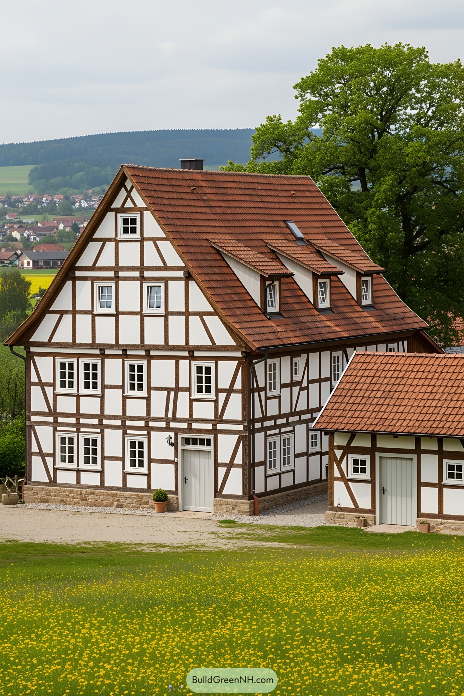 Half-timbered farmhouse with red roof and surrounding greenery