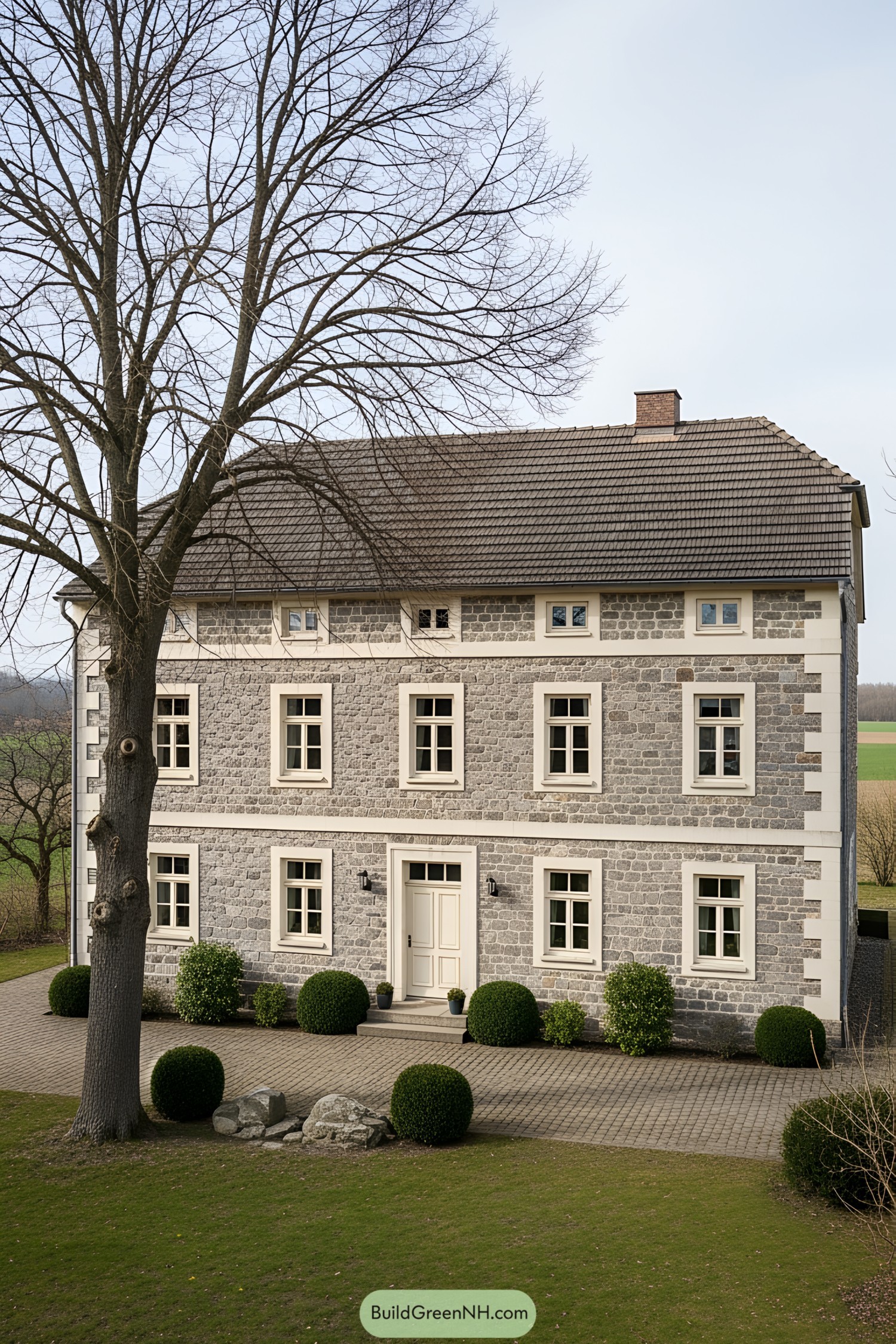 Stone farmhouse with symmetrical windows and dormers