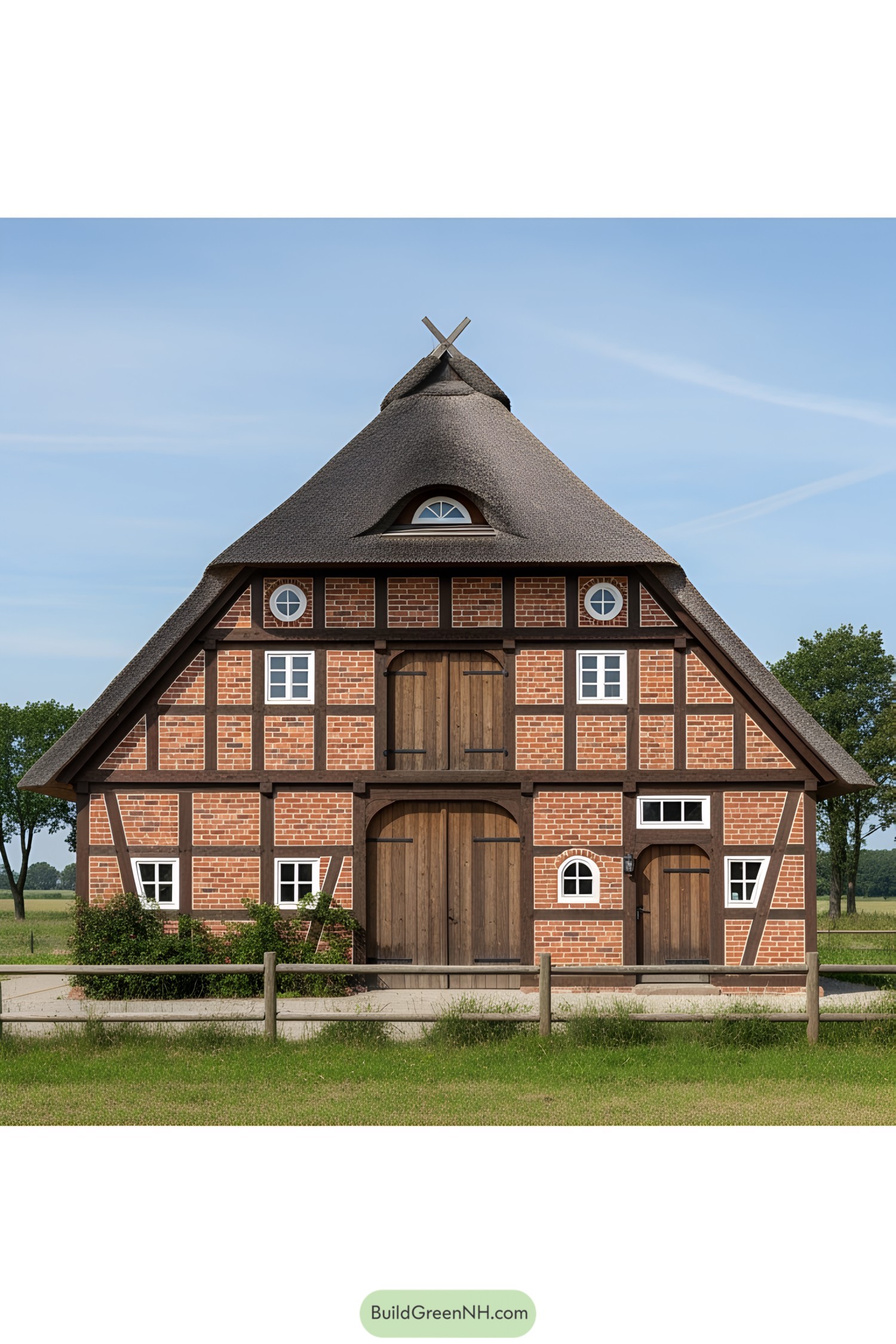 Traditional German farmhouse with half-timbered walls and thatched roof