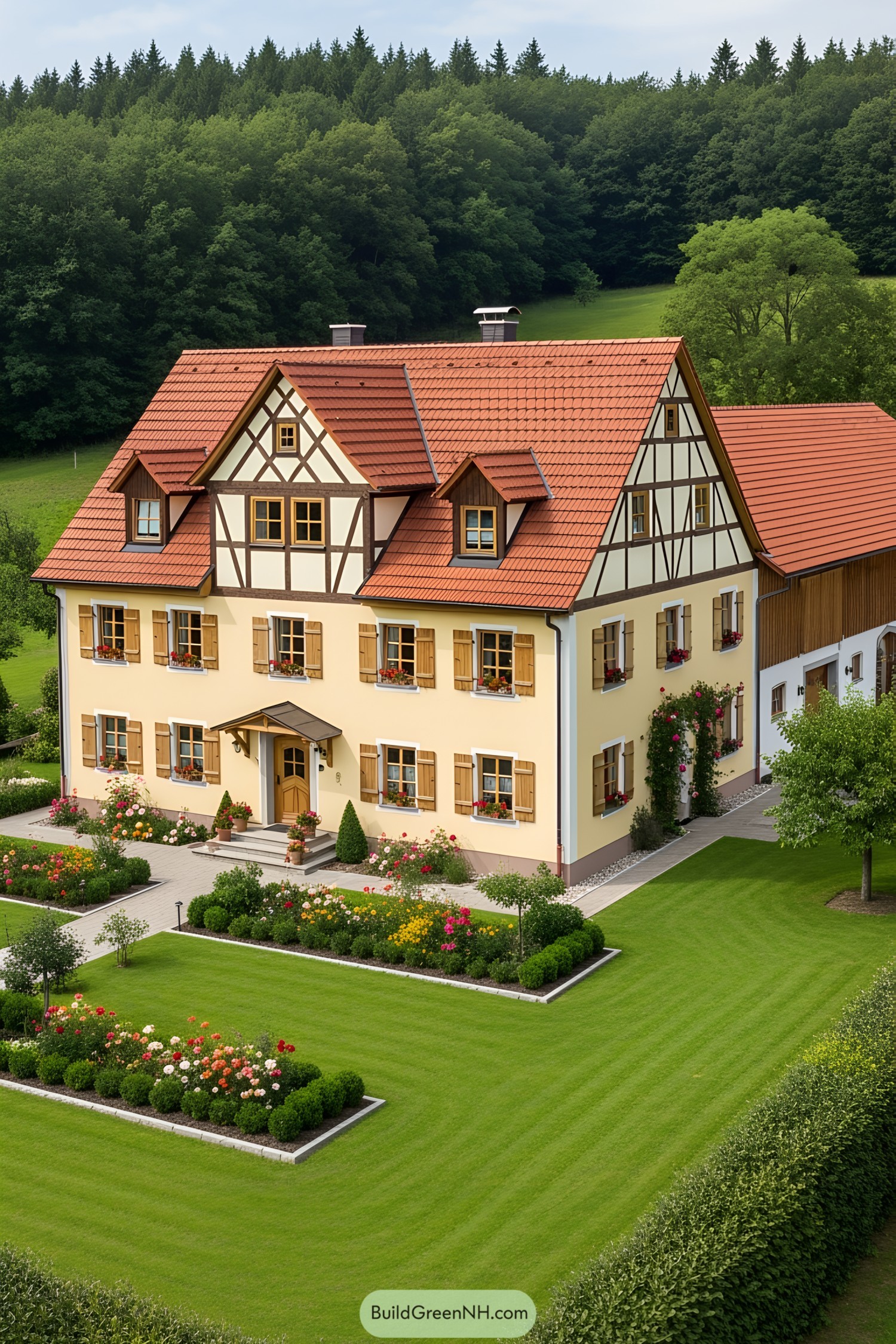 Charming German farmhouse with a red roof and lush gardens