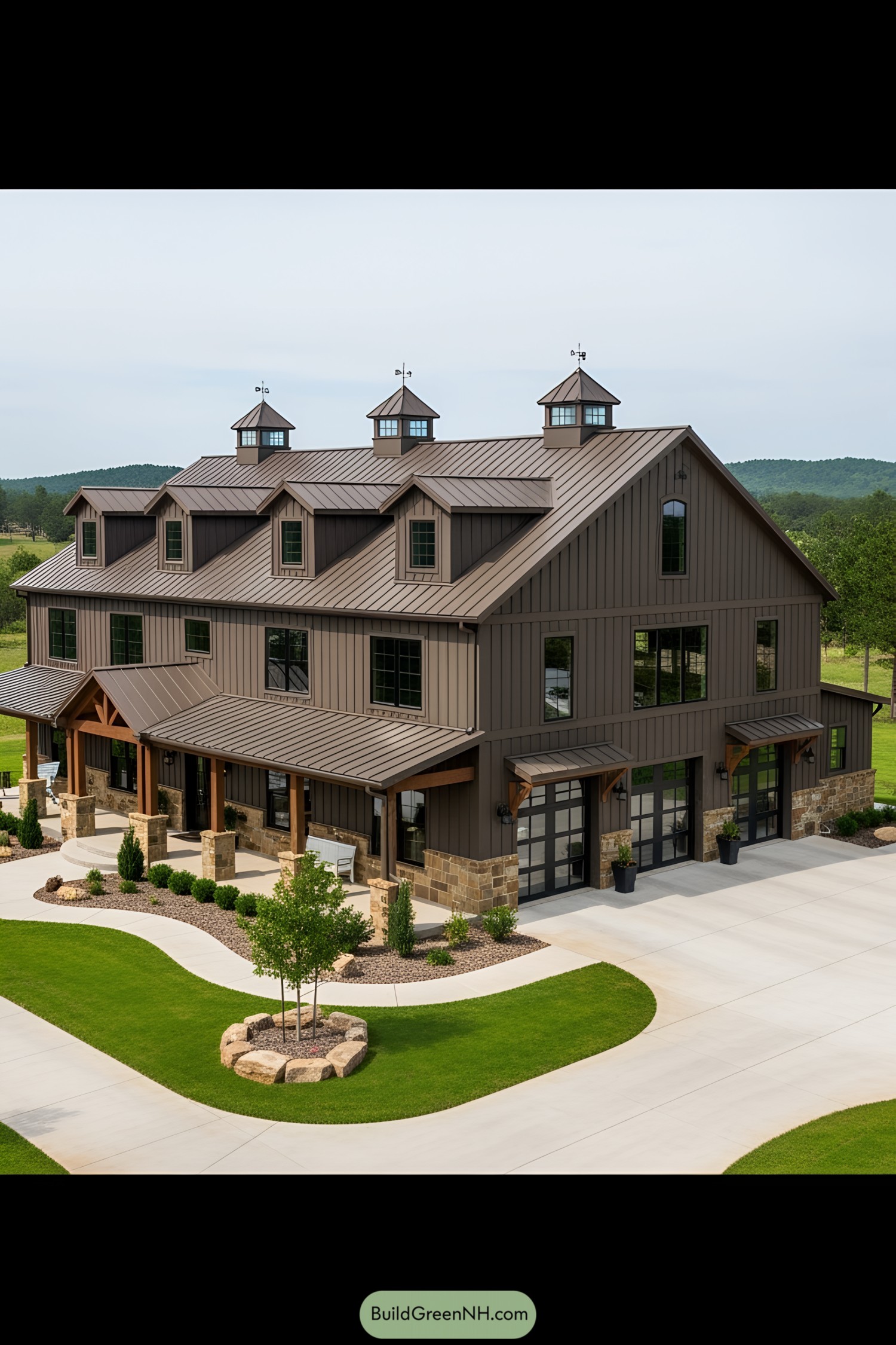 Massive barndominium with multiple dormers and lush landscaping