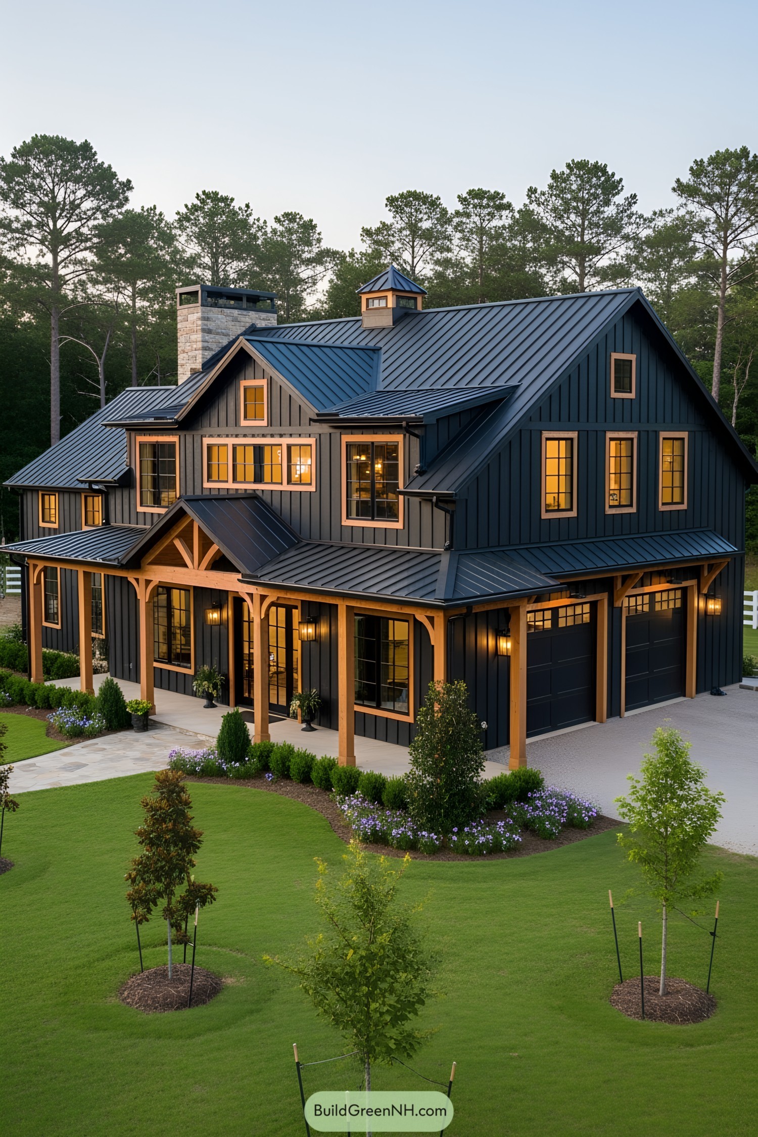 A majestic barn-inspired residence with lush green surroundings