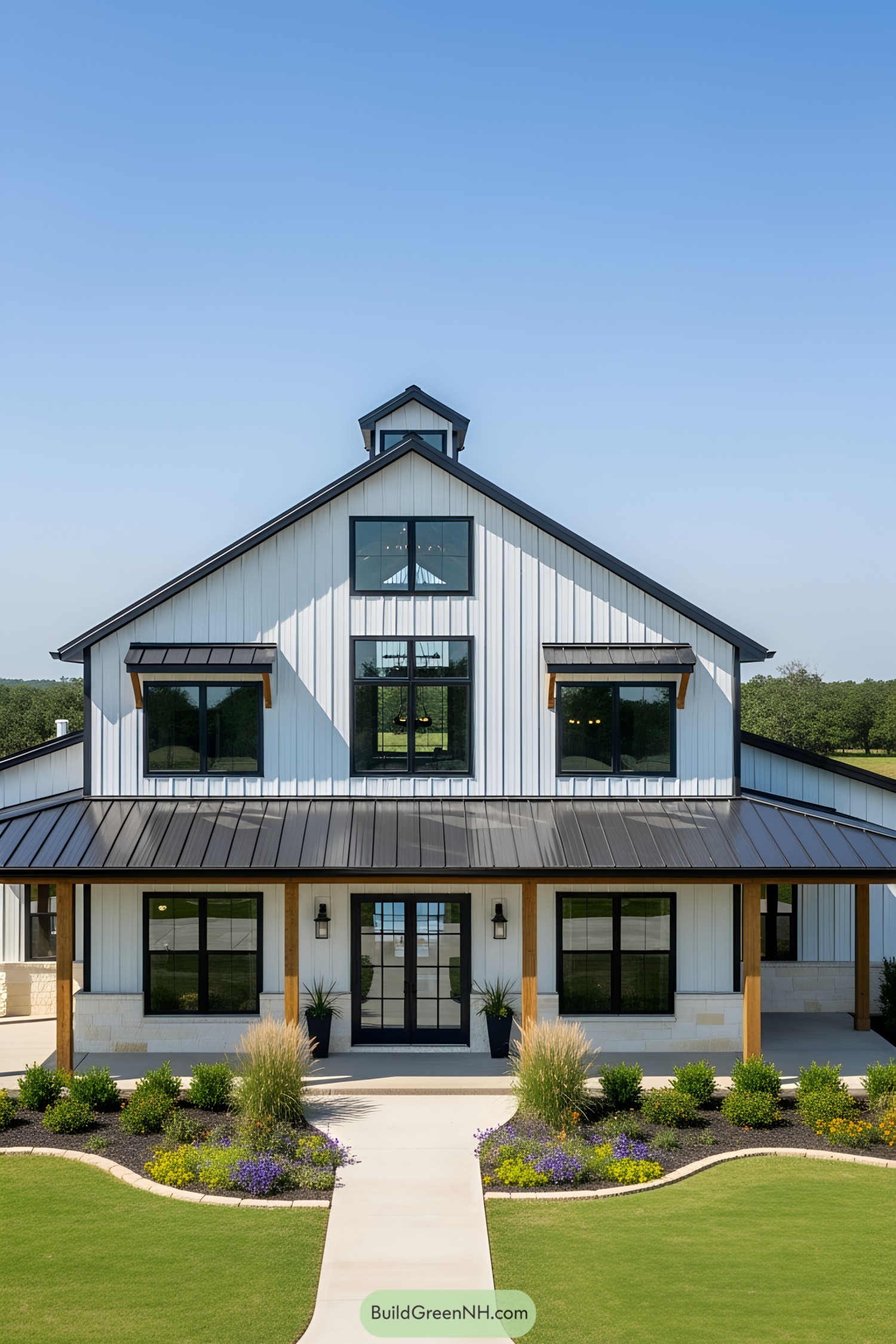 Spacious barndominium with a lush garden path