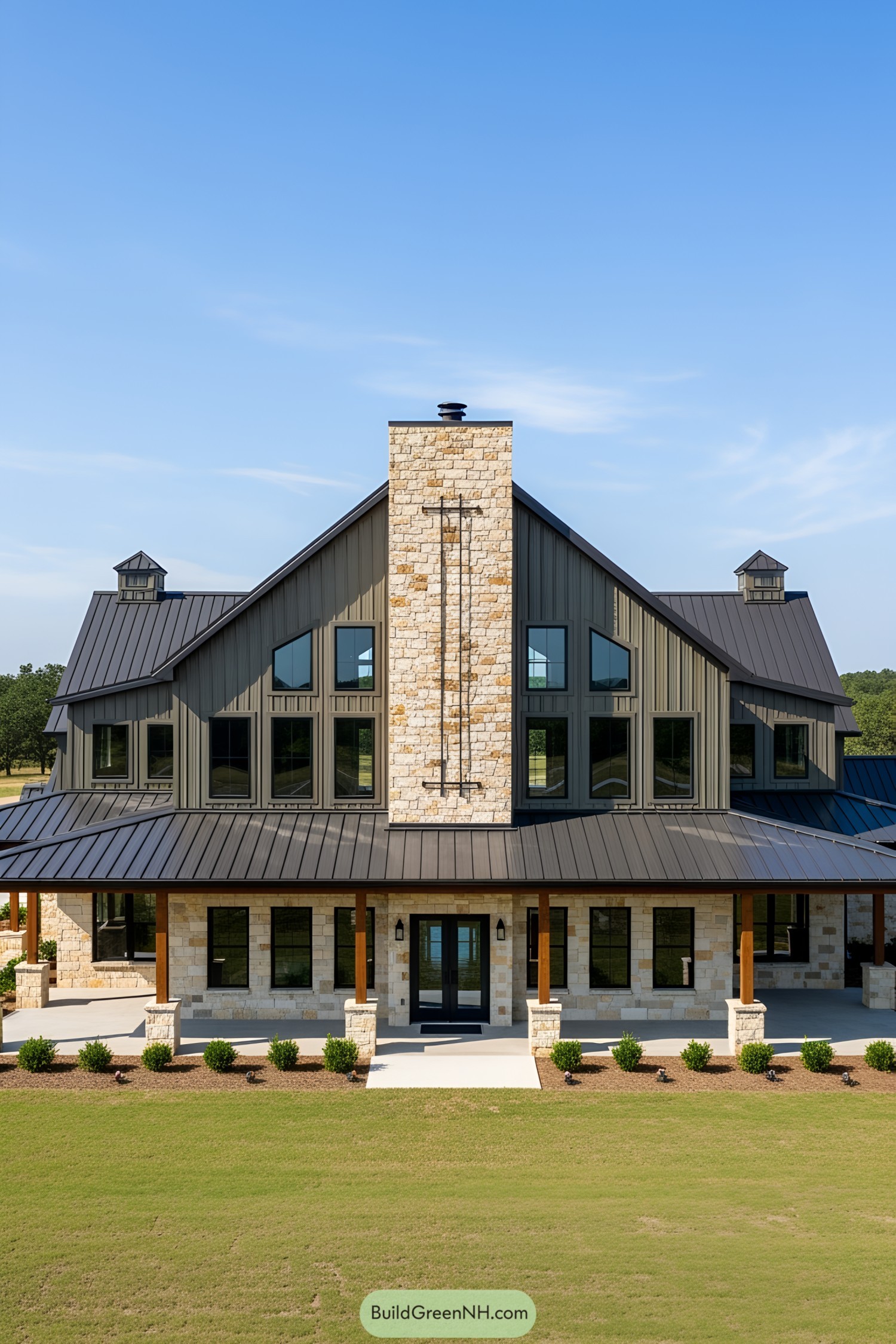 Large barndominium with stone and metal elements