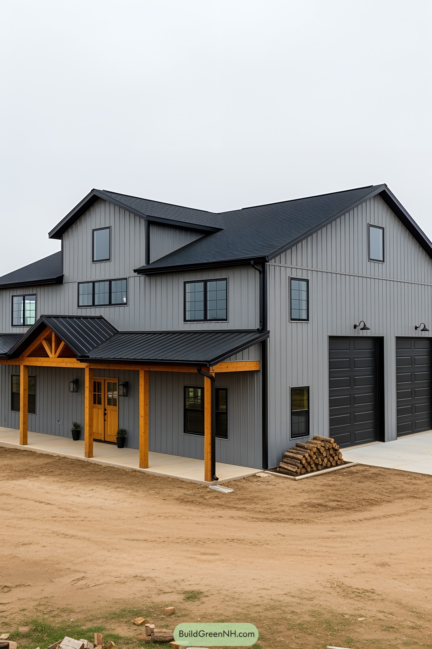 Gray barndominium with wooden accents