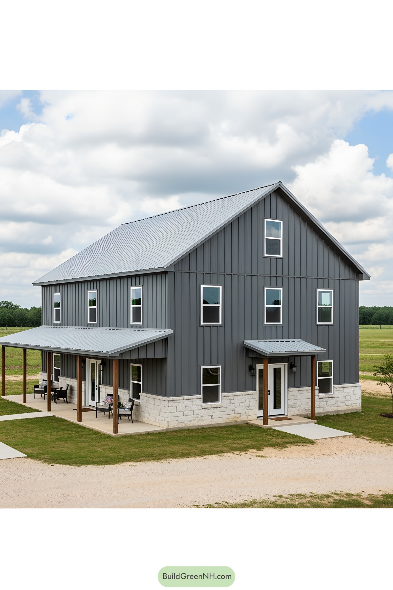 Gray barndominium on a grassy field under a blue sky